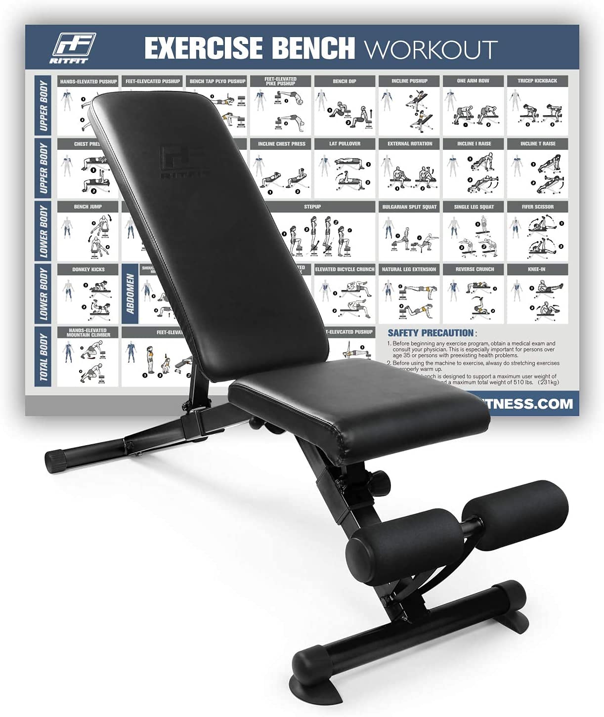 RitFit Adjustable Foldable Weight Bench for Home Gym - Strength Training & Weightlifting Bench with 35 Exercise Workout Poster - Perfect for Small Spaces & Full-Body Workouts