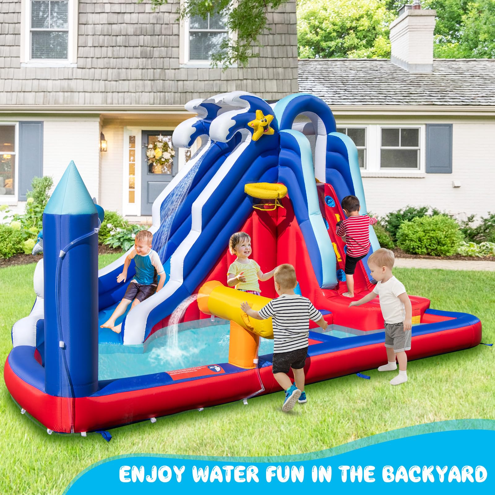 **HONEY JOY Inflatable Water Slide for Kids & Adults - Dolphin Themed Backyard Water Park with Long Slide, Climbing Wall & Splash Pool - Includes 735W Blower - Perfect for Summer Parties, Family Fun & Outdoor Play**