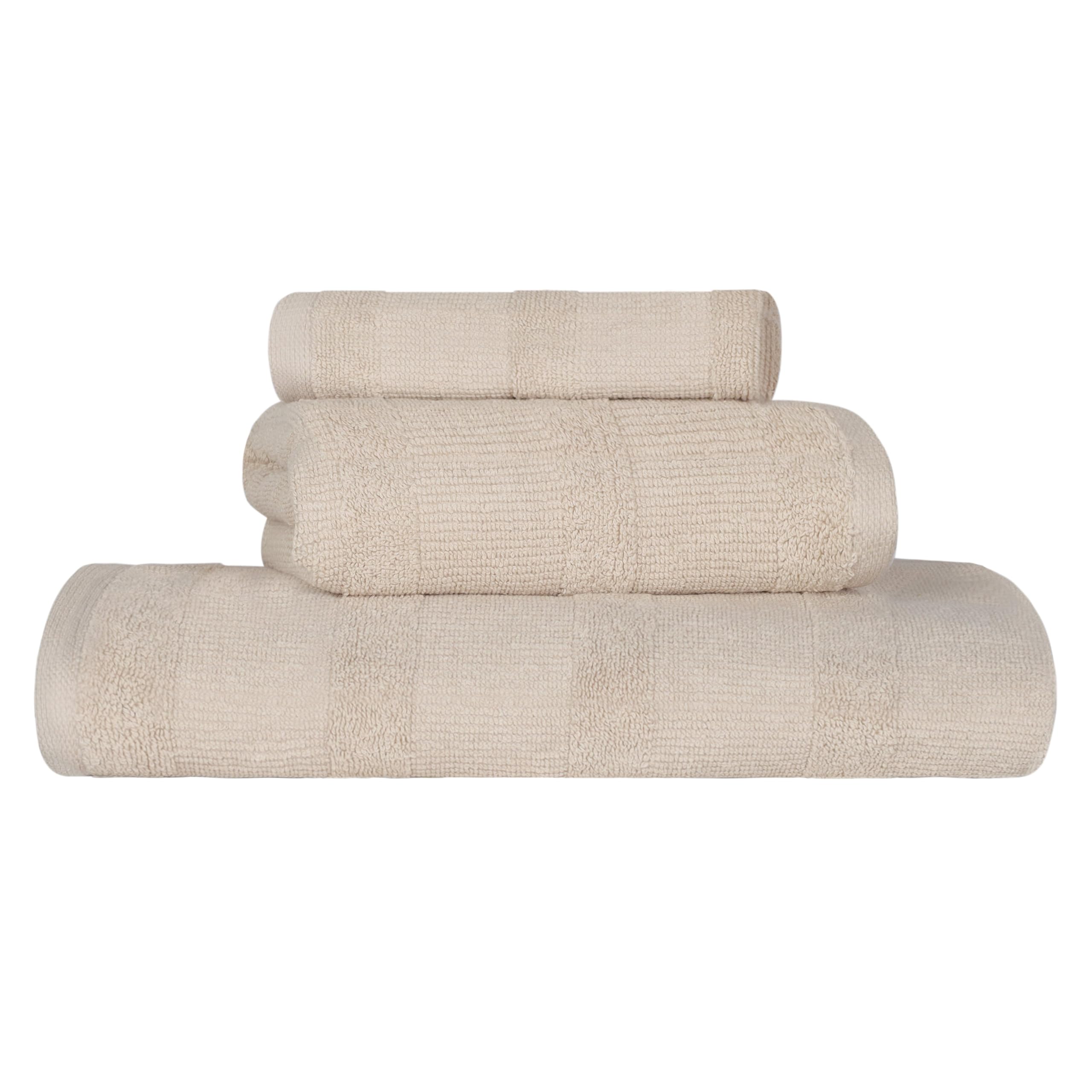 Premium Ribbed Cotton 3-Piece Towel Set - Ultra Absorbent, Quick-Dry Bath, Hand & Face Towels for Spa, Shower & Home Essentials | Soft Textured Solid Color Stone Collection | Perfect for Luxury Bathrooms, Guest Rooms & Gifting