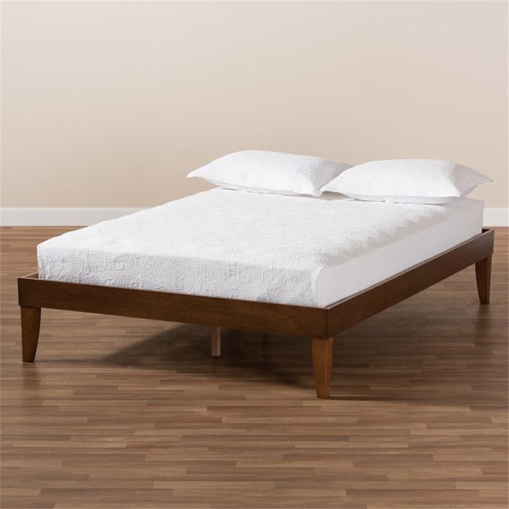 BOWERY HILL Queen Size Walnut Finished Platform Bed Frame with Headboard - Solid Wood Modern Bedroom Furniture for Small Spaces & Guest Rooms
