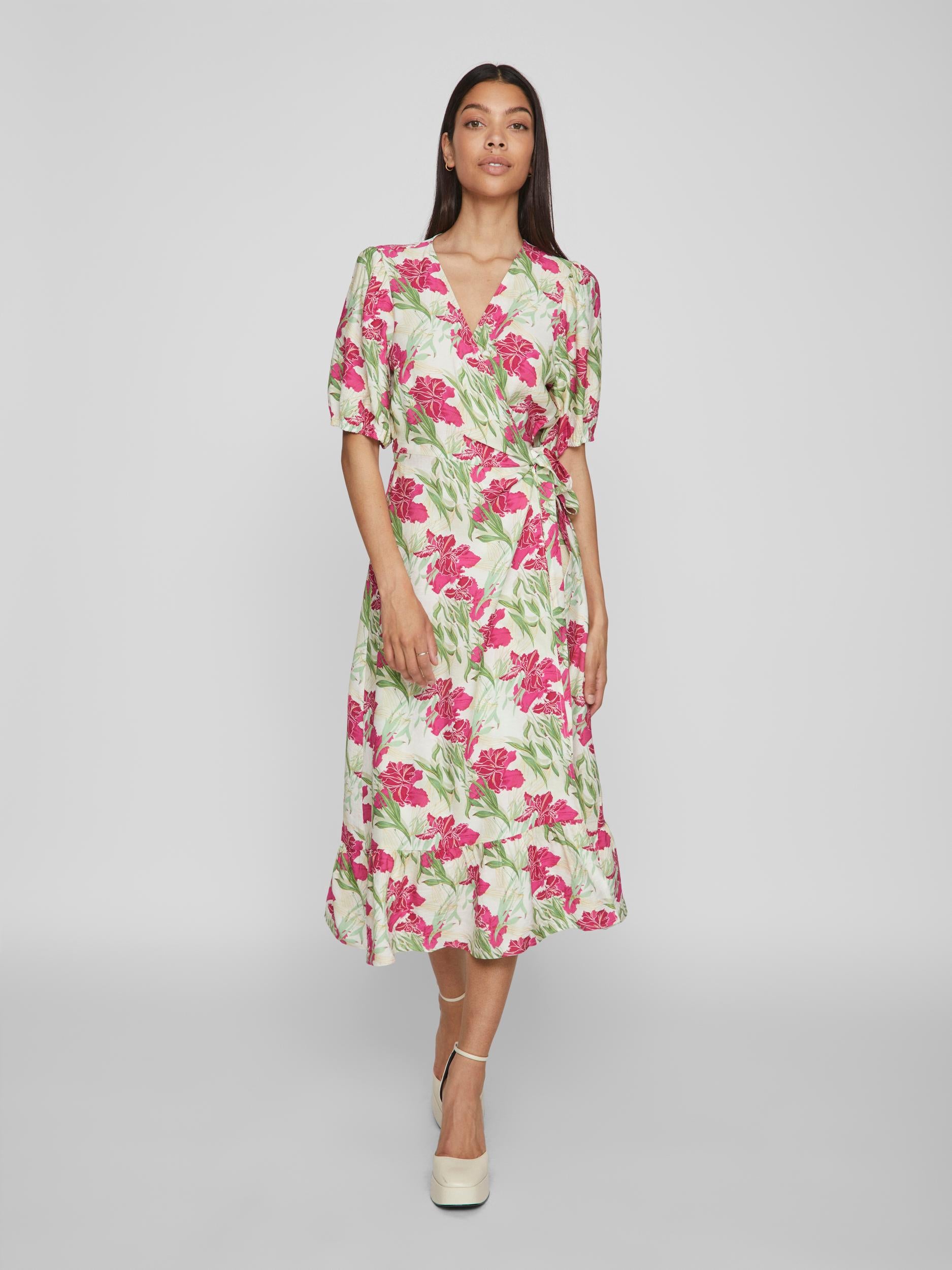 MACY 2/4 MIDI DRESS Floral Print Summer Dress for Women - Birch/Pink Flower Pattern, Casual & Party Wear, Perfect for Beach Vacation, Date Night & Office Outfits