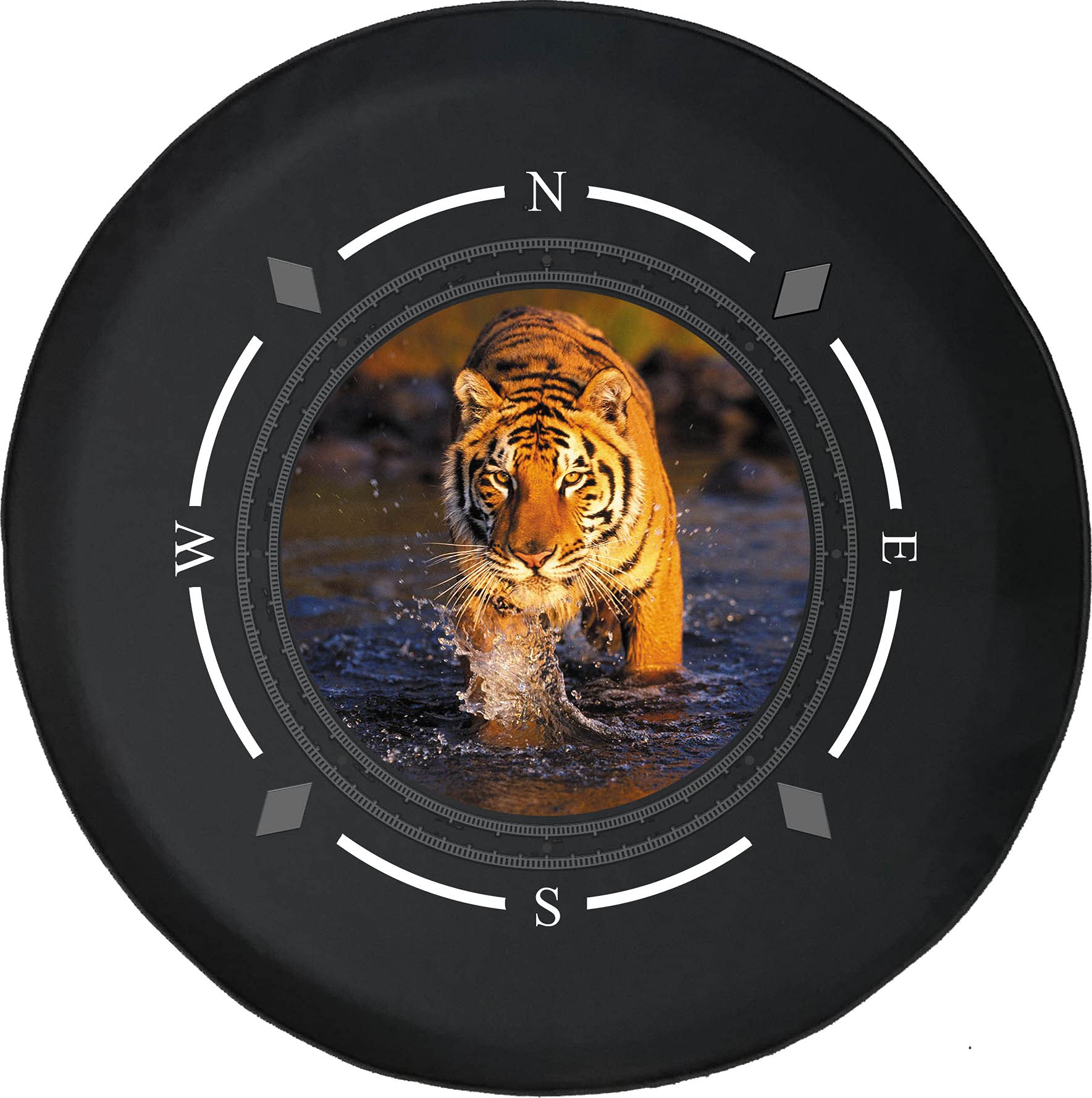 Premium American Unlimited Spare Tire Cover with Compass & Striped Bengal Tiger Design - Waterproof SUV, Trailer, RV Accessories for Off-Road Adventures & Camping Trips
