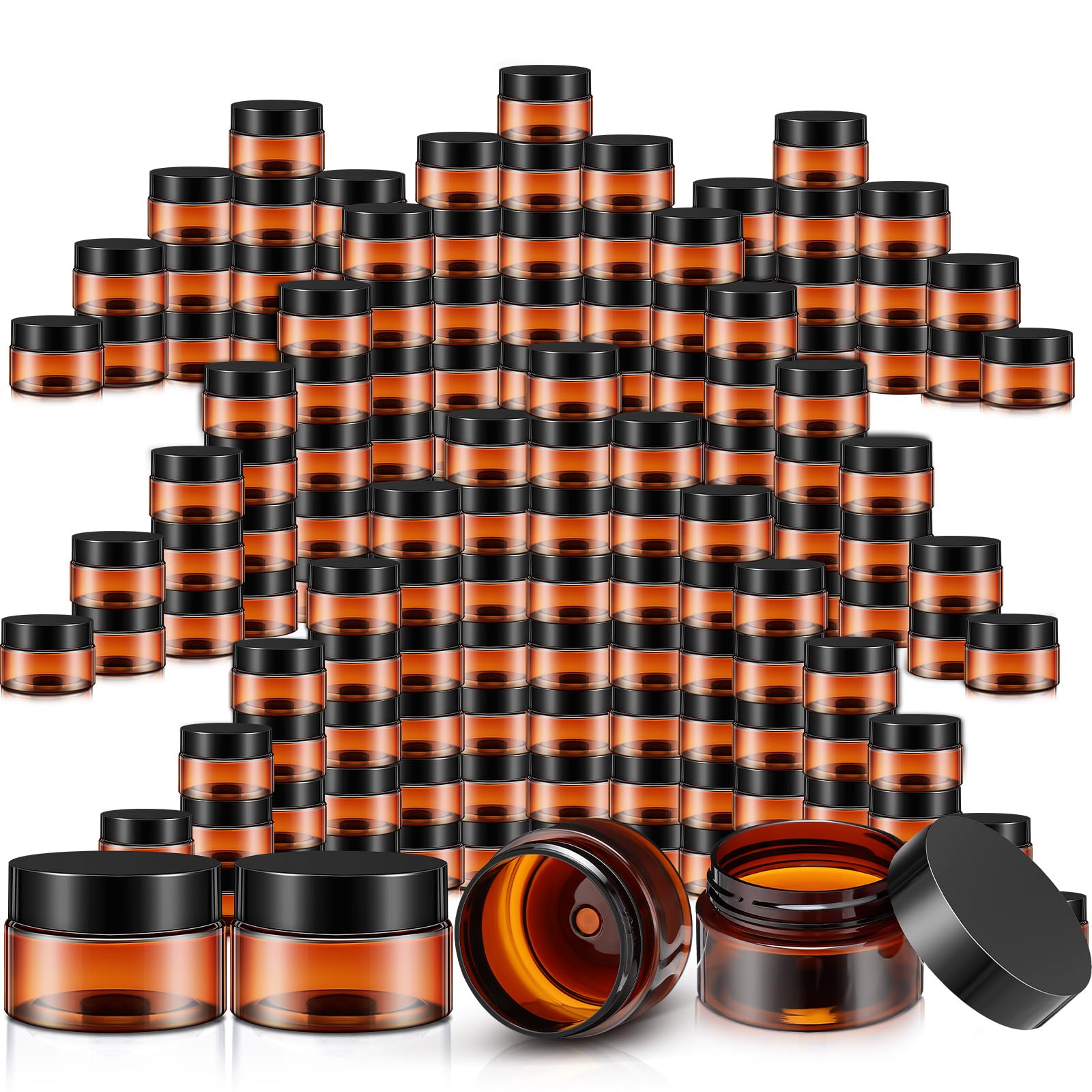 SATINIOR 100-Pack 1 oz Amber Plastic Jars with Black Lids - Small Wide Mouth Containers for Lotion, Cream, Body Butter, Rhinestones & Travel Storage - Perfect for DIY Crafts, Beauty Products & Organizing Small Items