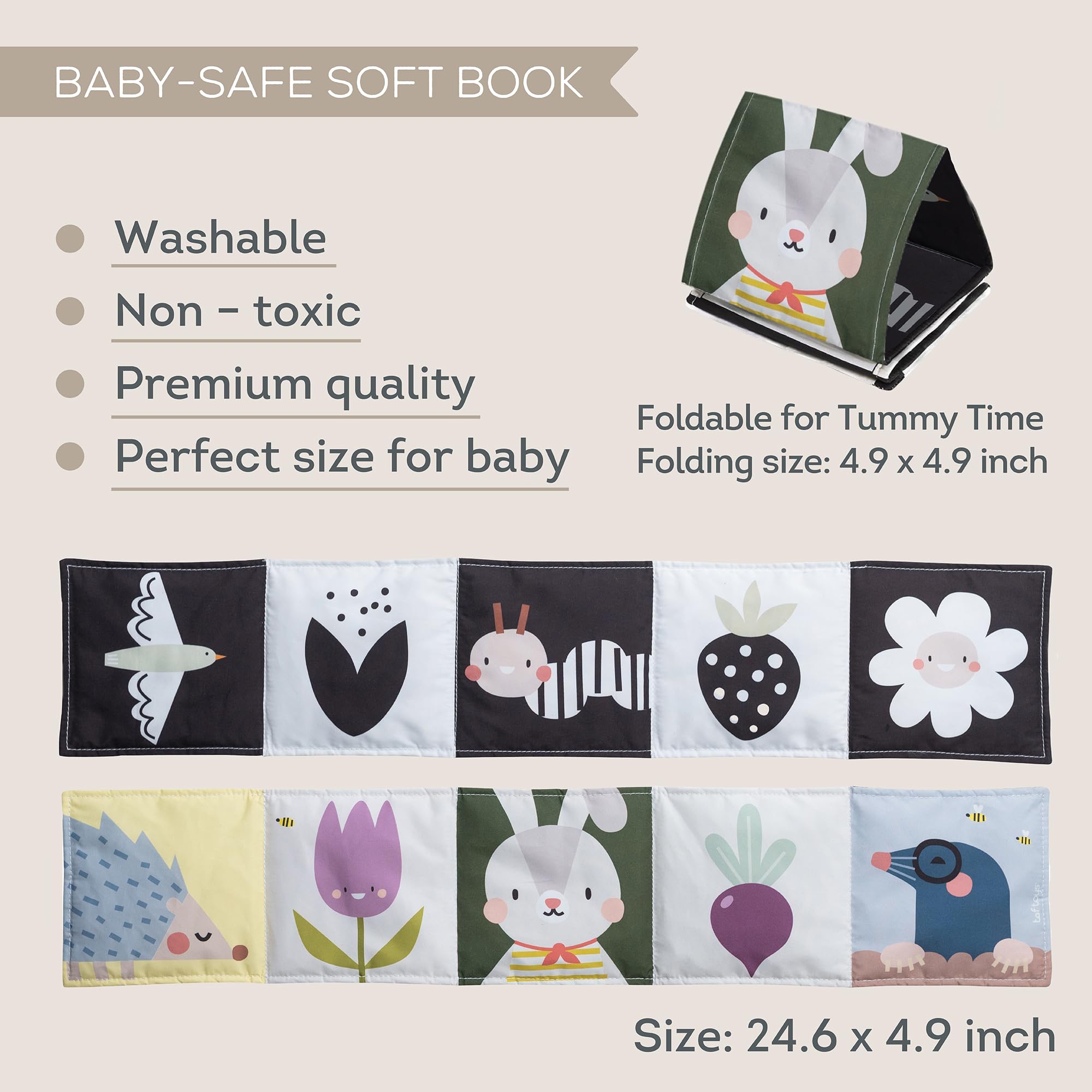 Taf Toys Black & White High Contrast Sensory Book for Babies 0-6 Months - Soft Bunny Pram Book for Newborn Visual Development, Tummy Time, Stroller & Car Seat Toys - Perfect Infant Gift for Early Learning & Sensory Play