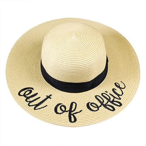 Stylish Out of Office Embroidered Straw Floppy Sun Hat for Women - Perfect for Beach Vacations, Summer Outings & Outdoor Adventures