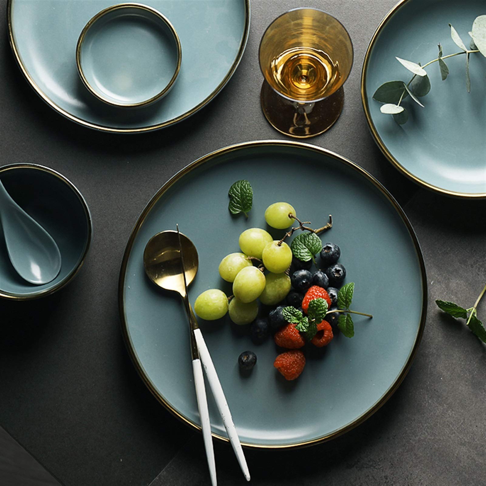 Golden Rim Ceramic Salad Bowls - 4-Piece Dinner Plates Set for Soup, Noodles, Steak & Western Cuisine | Elegant Kitchen Tableware for Restaurants & Home Dining (Color B)