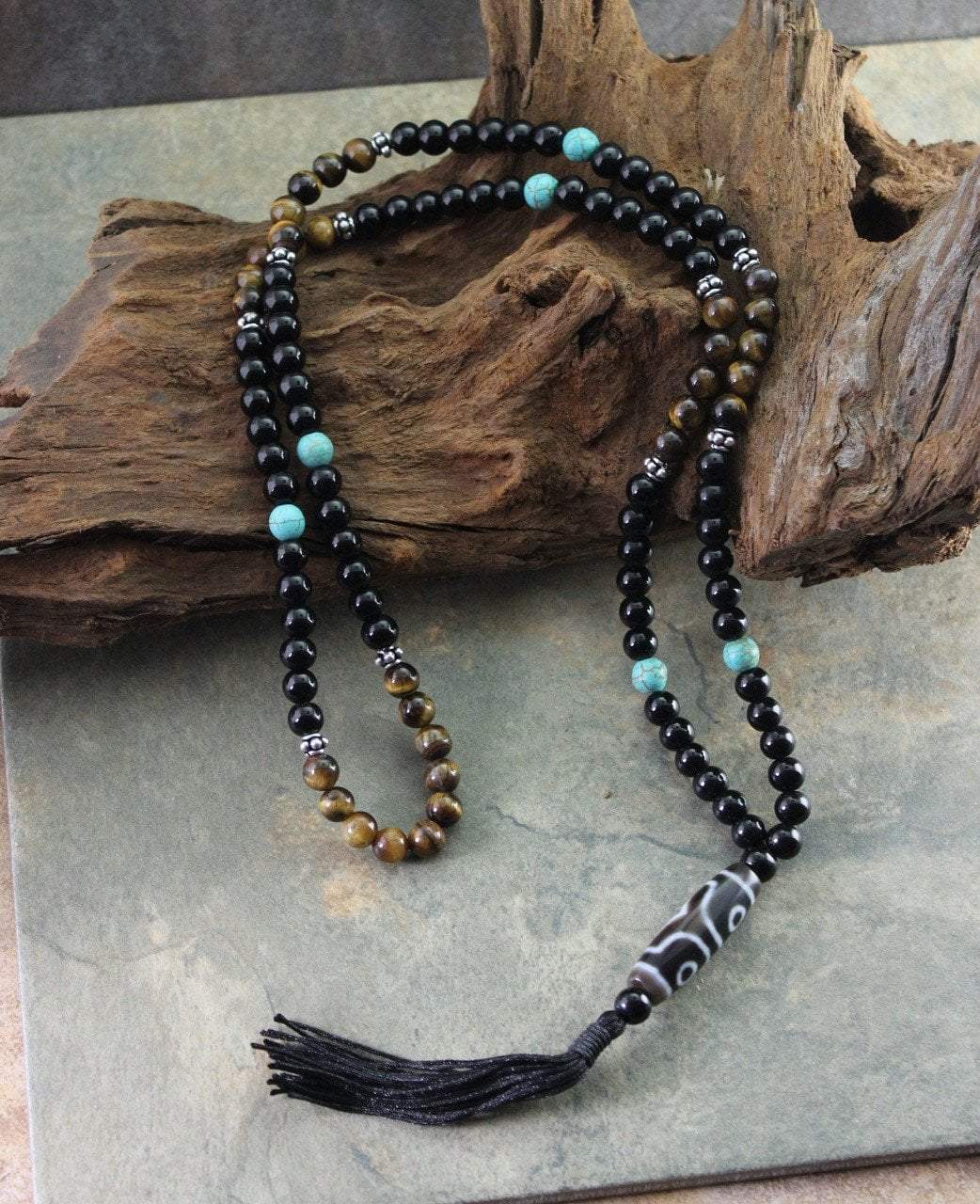 3 Eye Dzi Beads Necklace with Tiger Eye and Turquoise - Tibetan Buddhist Protection Amulet for Meditation, Spiritual Healing & Positive Energy