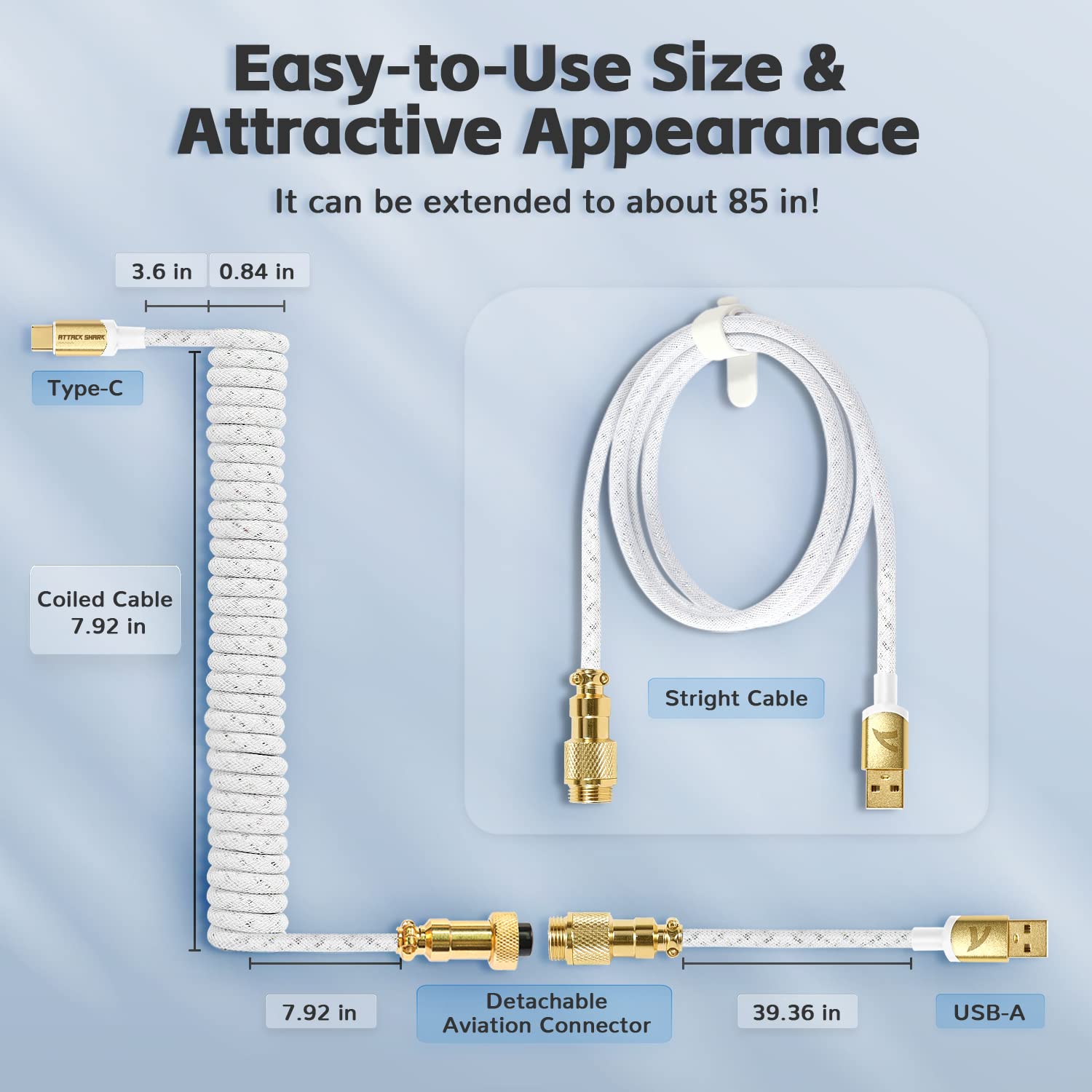 Attack Shark Coiled USB-C Keyboard Cable with Metal Winder - for Gaming & Mechanical Keyboards - White