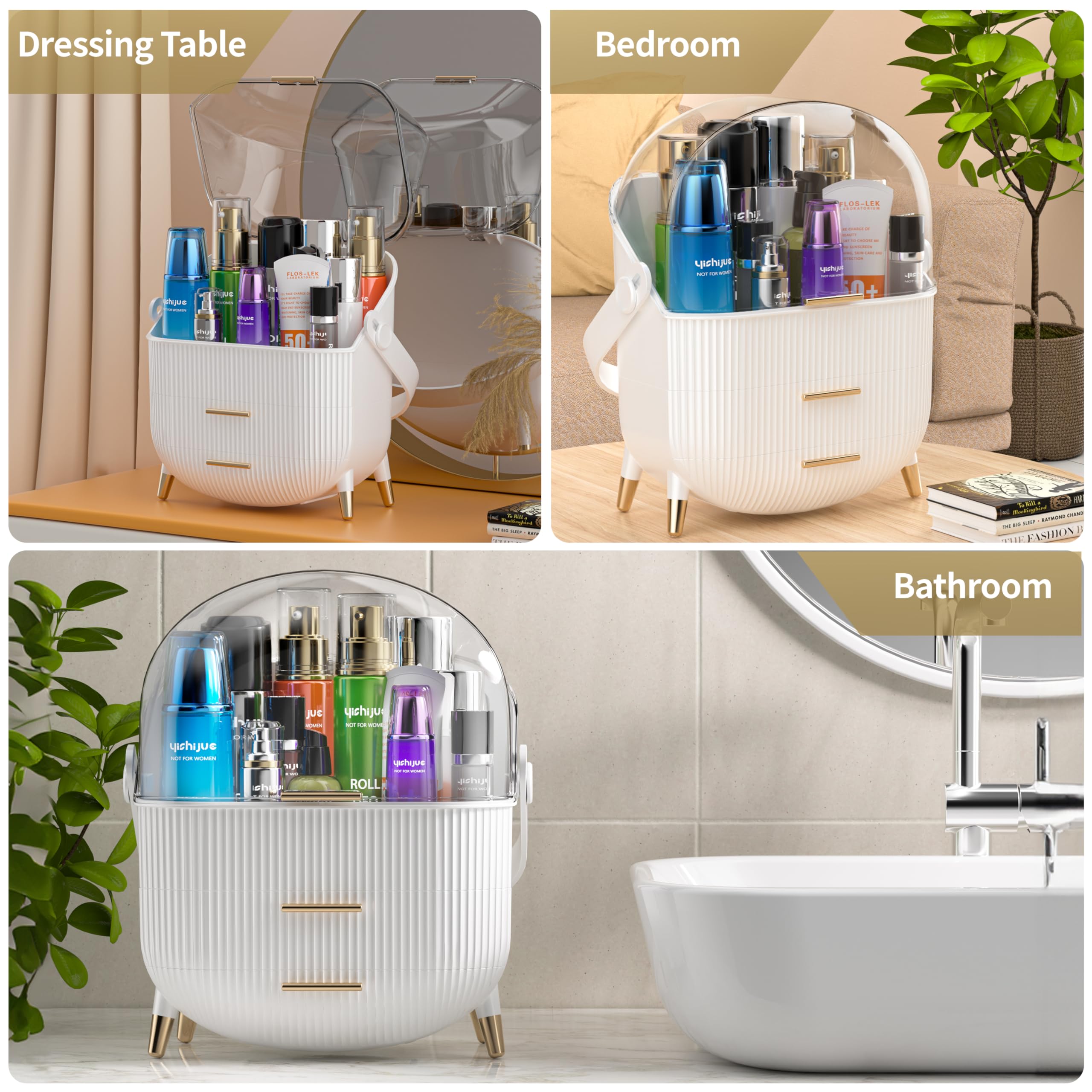 Oval Makeup Storage Box - Portable Vanity Cosmetics Organizer with Preppy Style for Countertop (White) | Perfect for Bedroom, Bathroom & Travel Beauty Organization