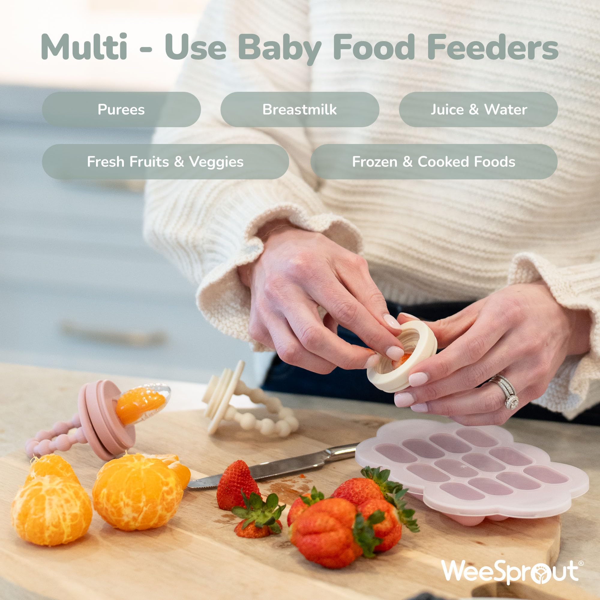 WeeSprout Silicone Baby Food Feeders & Freezer Tray Set - 2 Pack with Extra Pouches & Travel Lids | Safe for Introducing New Foods & Teething Relief | Dishwasher Safe | Perfect for On-the-Go Feeding & Meal Prep