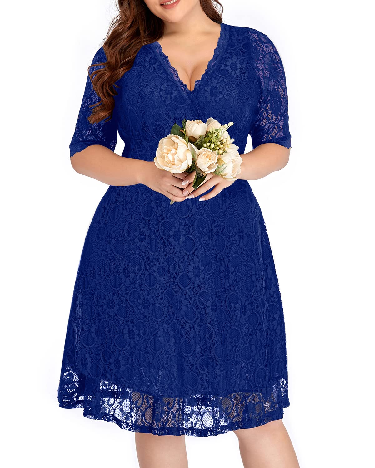 Plus Size Women's Lace Wrap V-Neck Knee-Length Dress for Wedding Guest, Cocktail Party & Semi-Formal Occasions | Elegant & Flattering Fit for Special Events