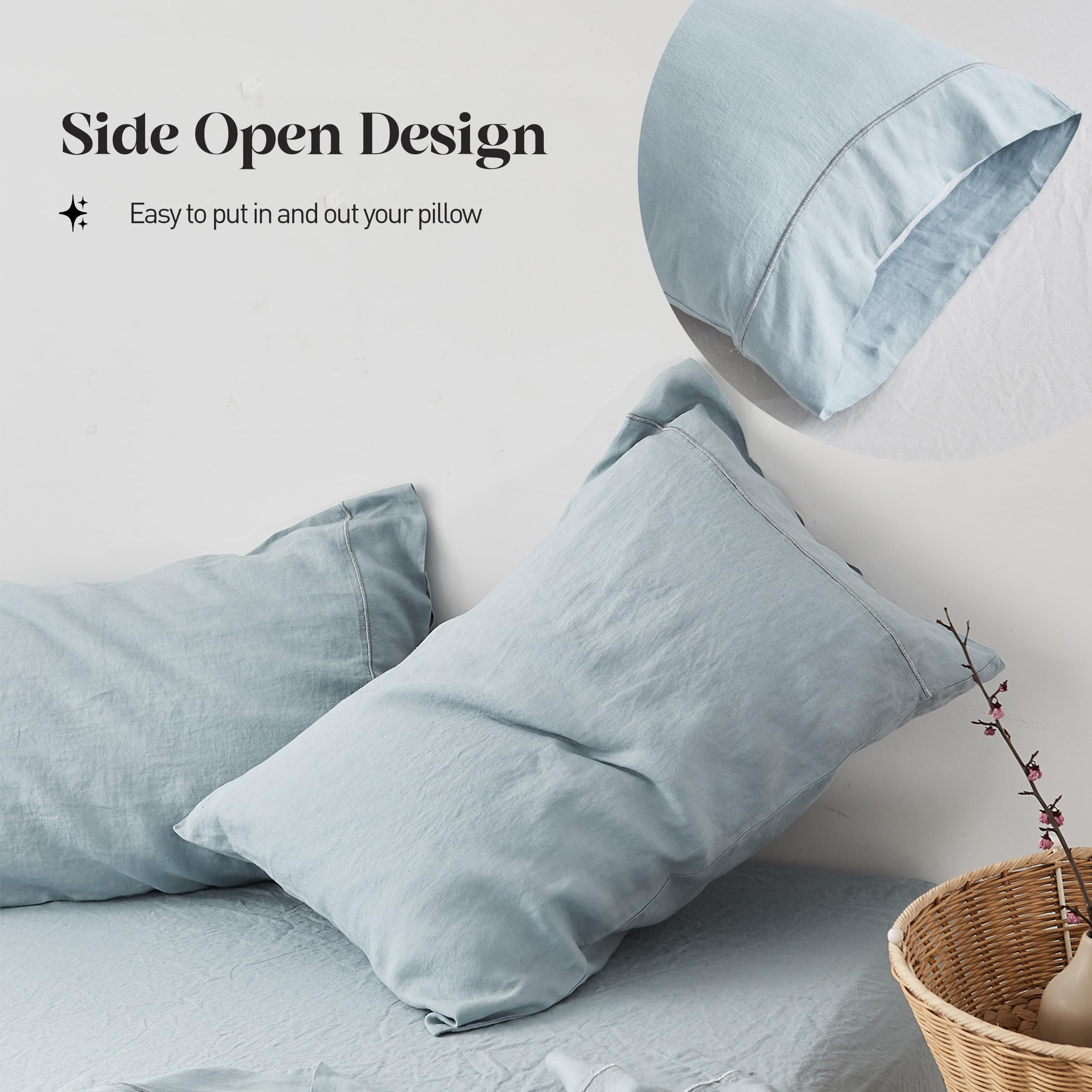 Luxury 100% Pure Linen Sheet Set King Size - Natural French Flax, Breathable Washed Bedding (4pc: 1 Flat Sheet, 1 Fitted Sheet, 2 Pillowcases) - Farmhouse Style, Dusty Blue Embroidery | Perfect for Hot Sleepers, Summer Nights & Eco-Friendly Home Decor