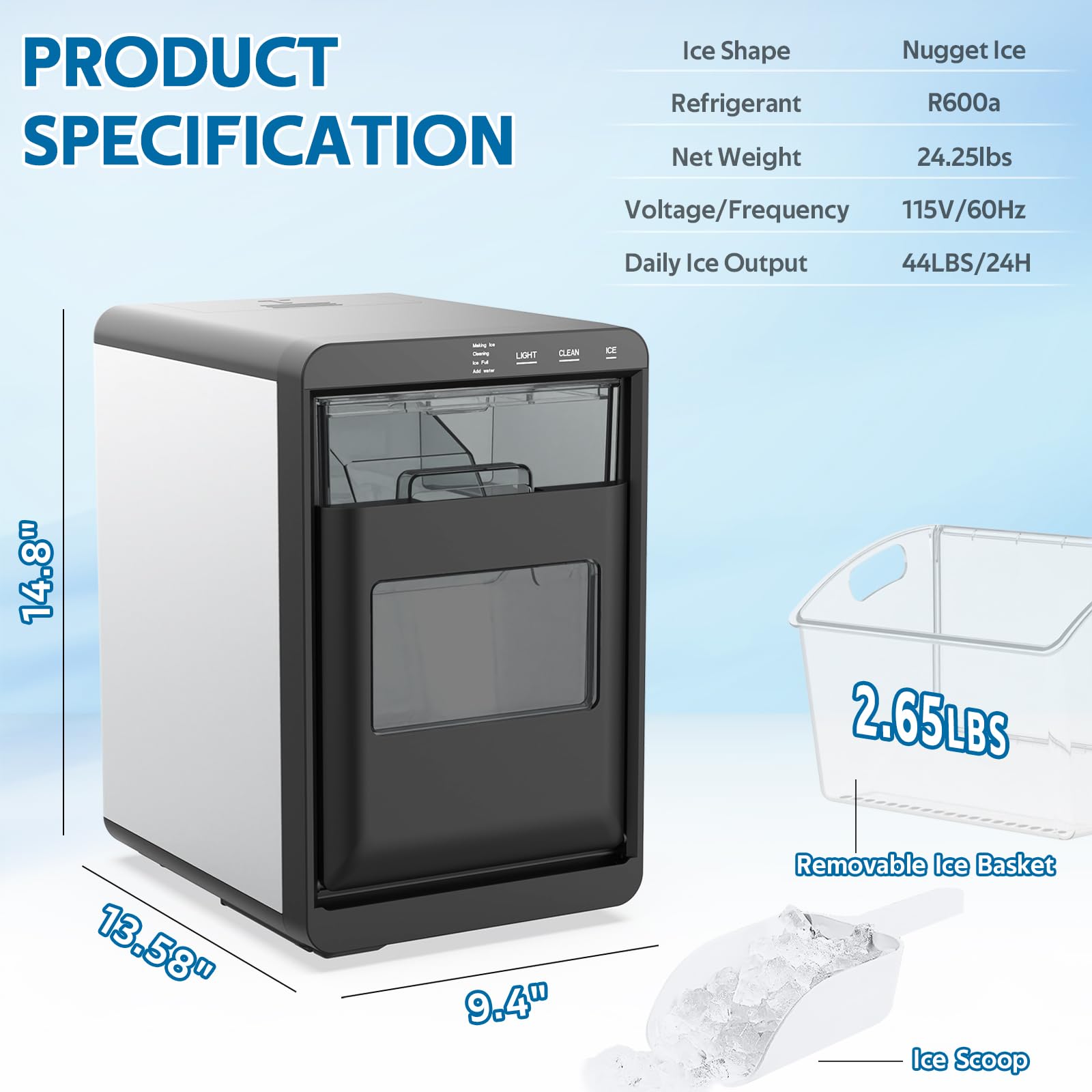 Portable Countertop Nugget Ice Maker Machine - 44LBS/24H Soft Chewable Pebble Ice Production with Self-Cleaning Function, Pull-Out Water Tank & Removable Ice Basket - Perfect for Home Kitchen, Office, Bar, and Party Use (Black)