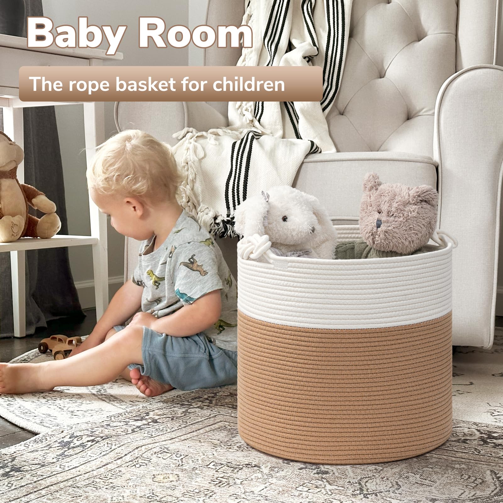 Goodpick Woven Storage Basket - 15 x 14.2 Inch Small Laundry Hamper for Clothes, Toys & Blankets | Natural Wicker Rope Basket for Bedroom, Nursery & Bathroom Organization | Durable Brown Home Decor Storage Solution