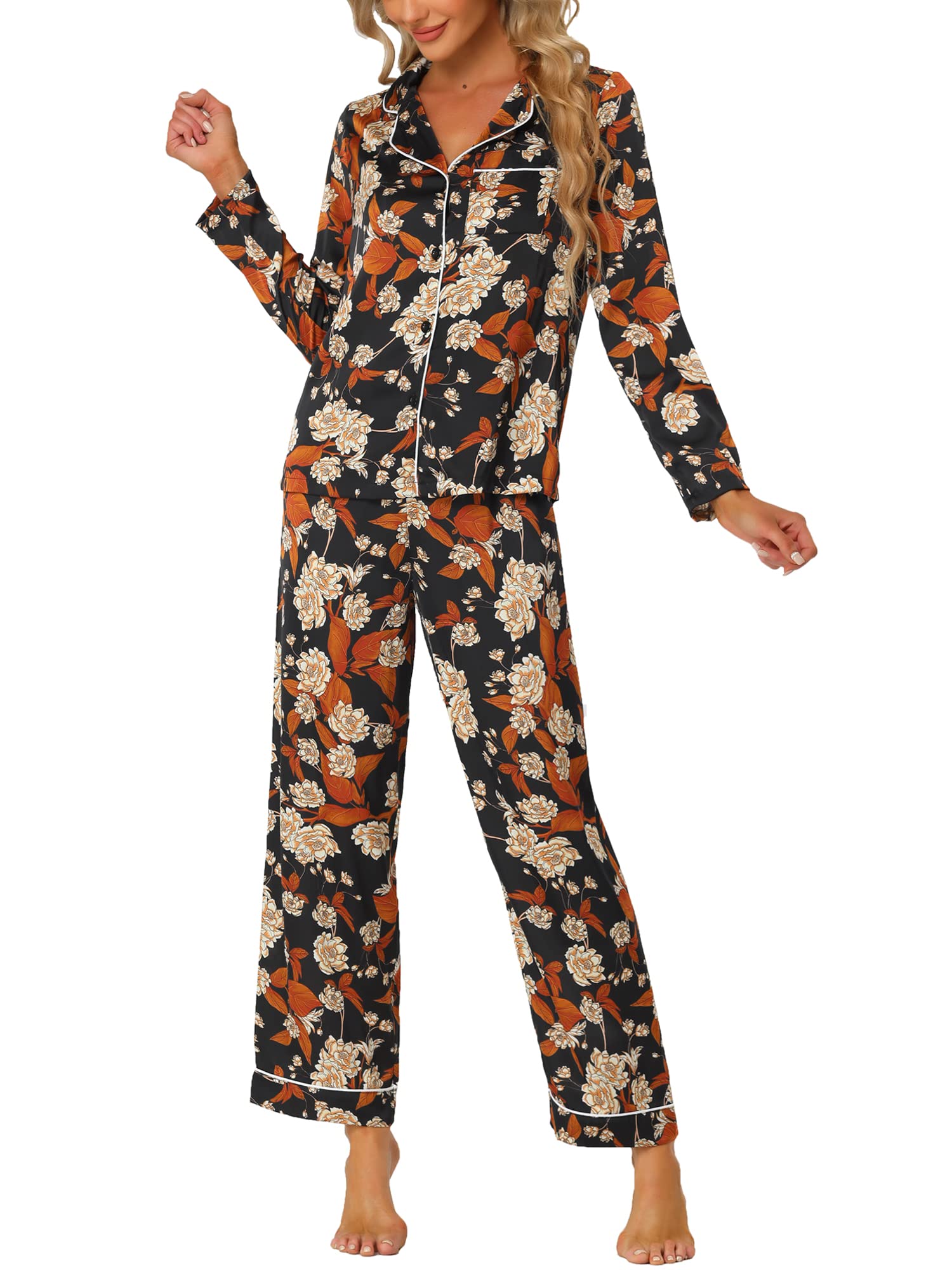 Cheibear Women's Satin Pajama Set - Long Sleeve Button Down Top & Pants Floral Sleepwear Lounge Outfit for Cozy Nights & Relaxing at Home