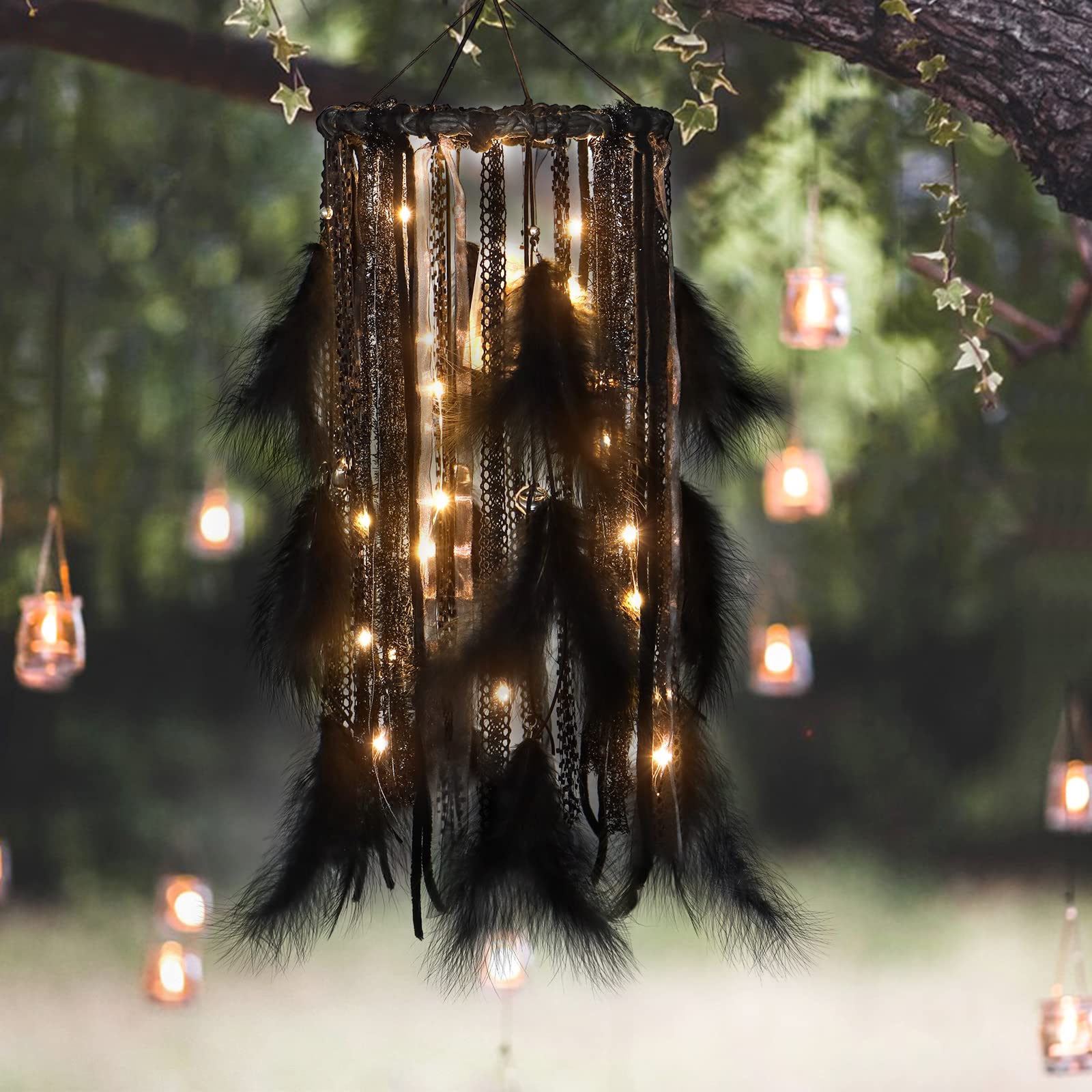 Large LED Light Up Dream Catcher with Black Shining Lace & Bells - 7.9