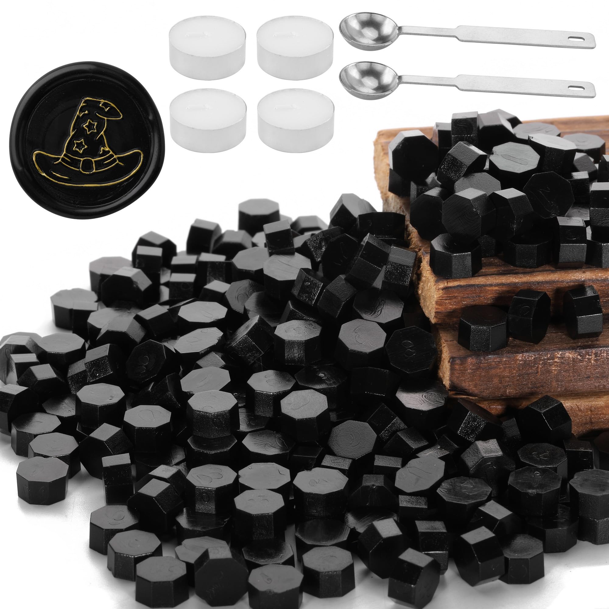 Premium Black Sealing Wax Beads - 300pcs Octagon Wax Seal Kit with 2 Melting Spoons & 4 Candles for DIY Invitations, Letters, Wedding Favors & Vintage Style Decoration