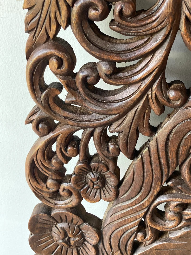 Hand Carved Reclaimed Wood Wall Art Panel - Dark Brown Wooden Hanging Decor for Living Room, Bedroom & Boho Home Decor