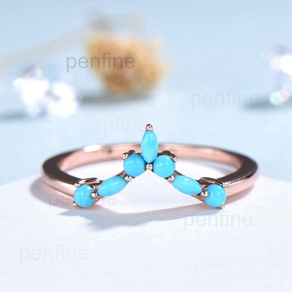 Vintage Turquoise Wedding Band for Women - 14K Gold Curved Stackable Ring, Elegant Bridal Jewelry for Engagement, Anniversary & Everyday Wear