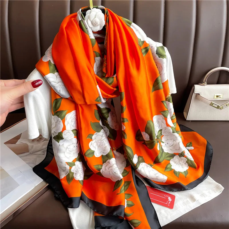 180x90cm Luxury Silk Scarf for Women - Floral Printed Large Shawl, Sun Protection Wrap, Soft Bandana, Hijab & Muffler - Perfect for Beach, Travel, and Formal Occasions