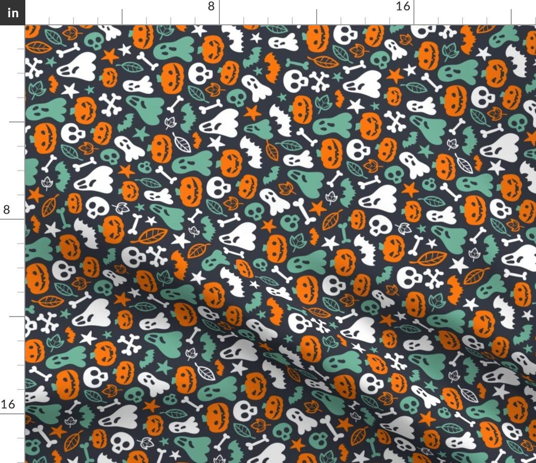 Halloween Retro Pattern Fabric - Pumpkins, Skulls, Bones & Bats Printed on Petal Signature Cotton by The Yard for Sewing, Quilting, Apparel & DIY Decor | Cute Costume & Ghost Design for Seasonal Crafts, Home Decor & Party Supplies