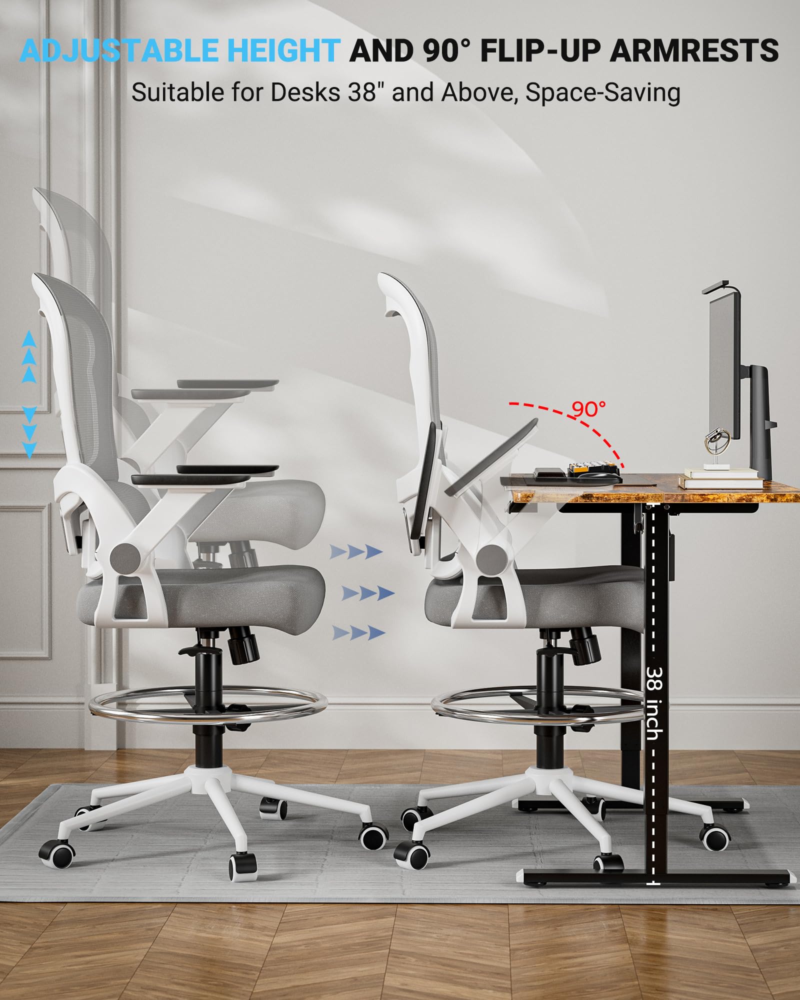 Frylr Drafting Chair - Adjustable Height Ergonomic Office Chair with Lumbar Support for Standing Desks, 400 lbs Capacity Heavy Duty Counter Height Seat (Grey) - Perfect for Architects, Artists & Home Office Workspaces