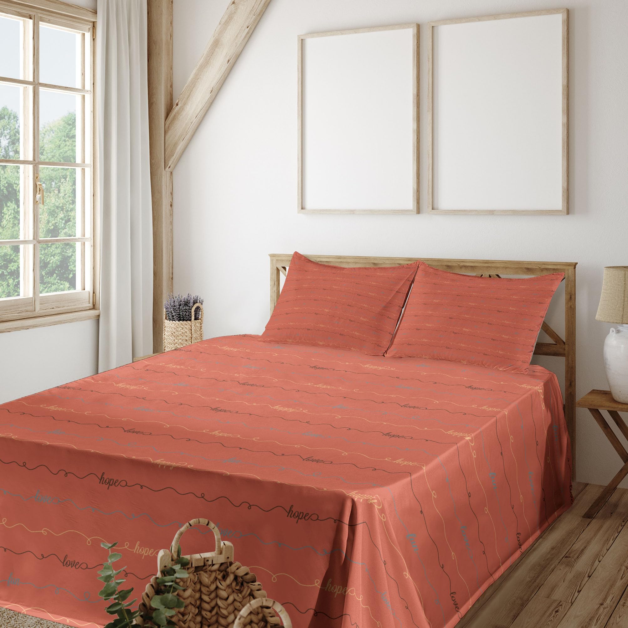 Ambesonne 4-Piece Saying Sheet Set - Dark Coral Backdrop with Hope Love Happy Letterings - Full Size Fitted & Flat Sheets with Pillowcases - Dark Brown & Coral Bedding Set for Cozy Bedroom Decor - Perfect for Guest Rooms, Dorms & Master Bedrooms