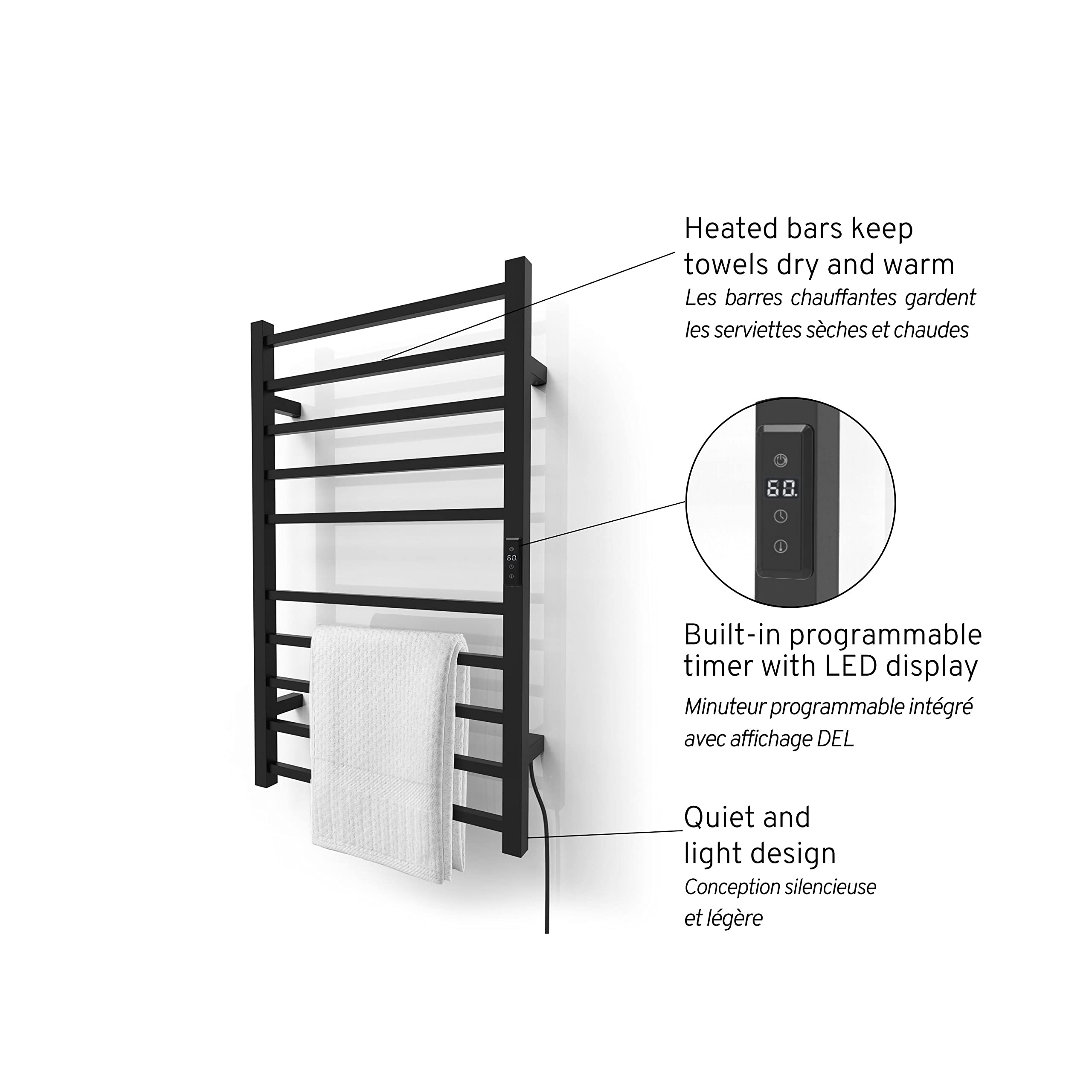 Odass Premium Electric Towel Warmer with Built-in Timer & LED Display - Adjustable Temperature 86°F to 140°F (30°C-60°C), 10-Square Bar Design, Wall Mountable in Matte Black - Perfect for Bathrooms, Spas & Luxury Home Use