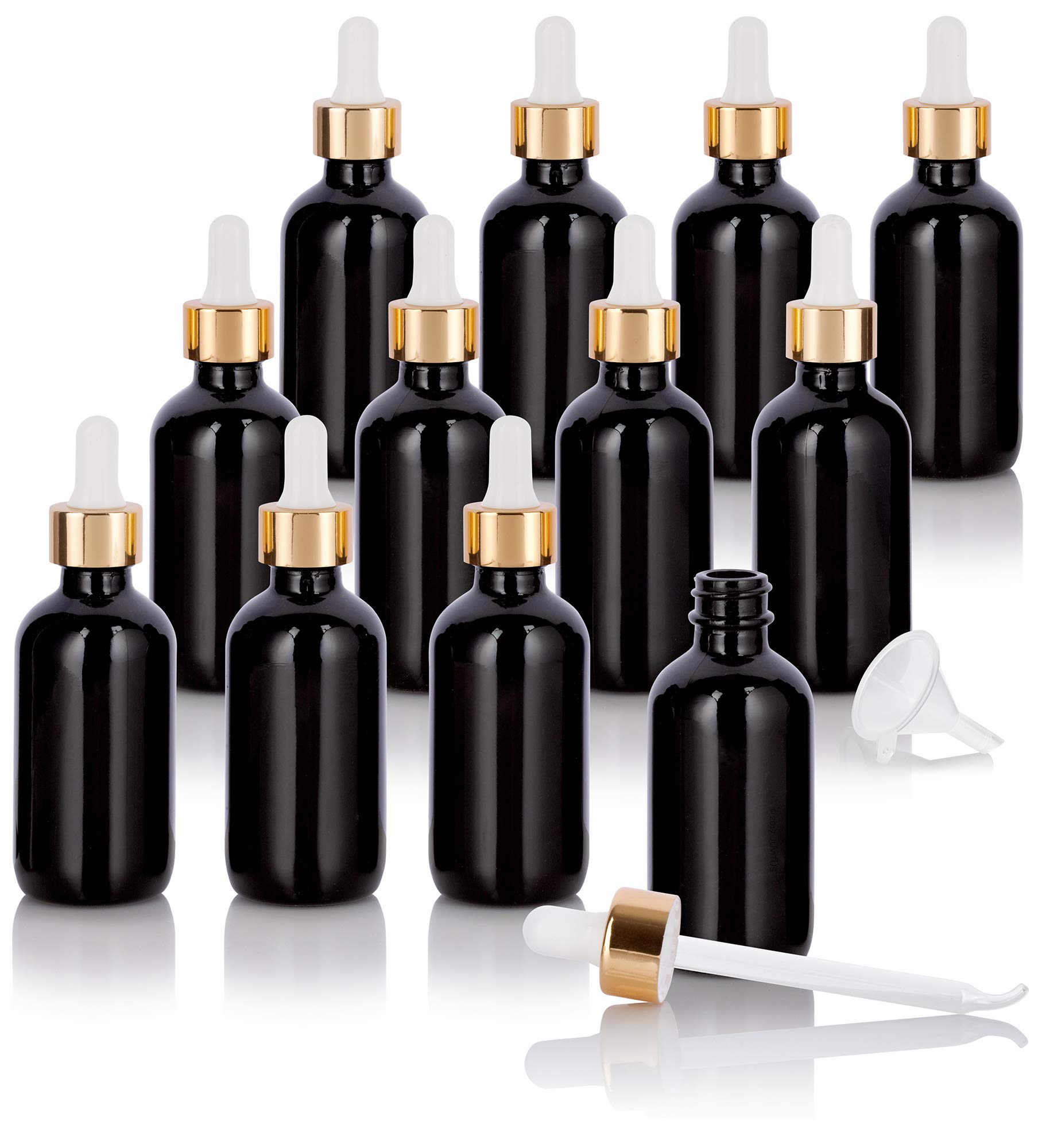 Premium 2 oz Black Glass Boston Round Bottles with Gold Dropper - 12 Pack Luxury Essential Oil Bottles Set + Bonus Funnel - Perfect for DIY Skincare, Aromatherapy & Travel Toiletry Storage