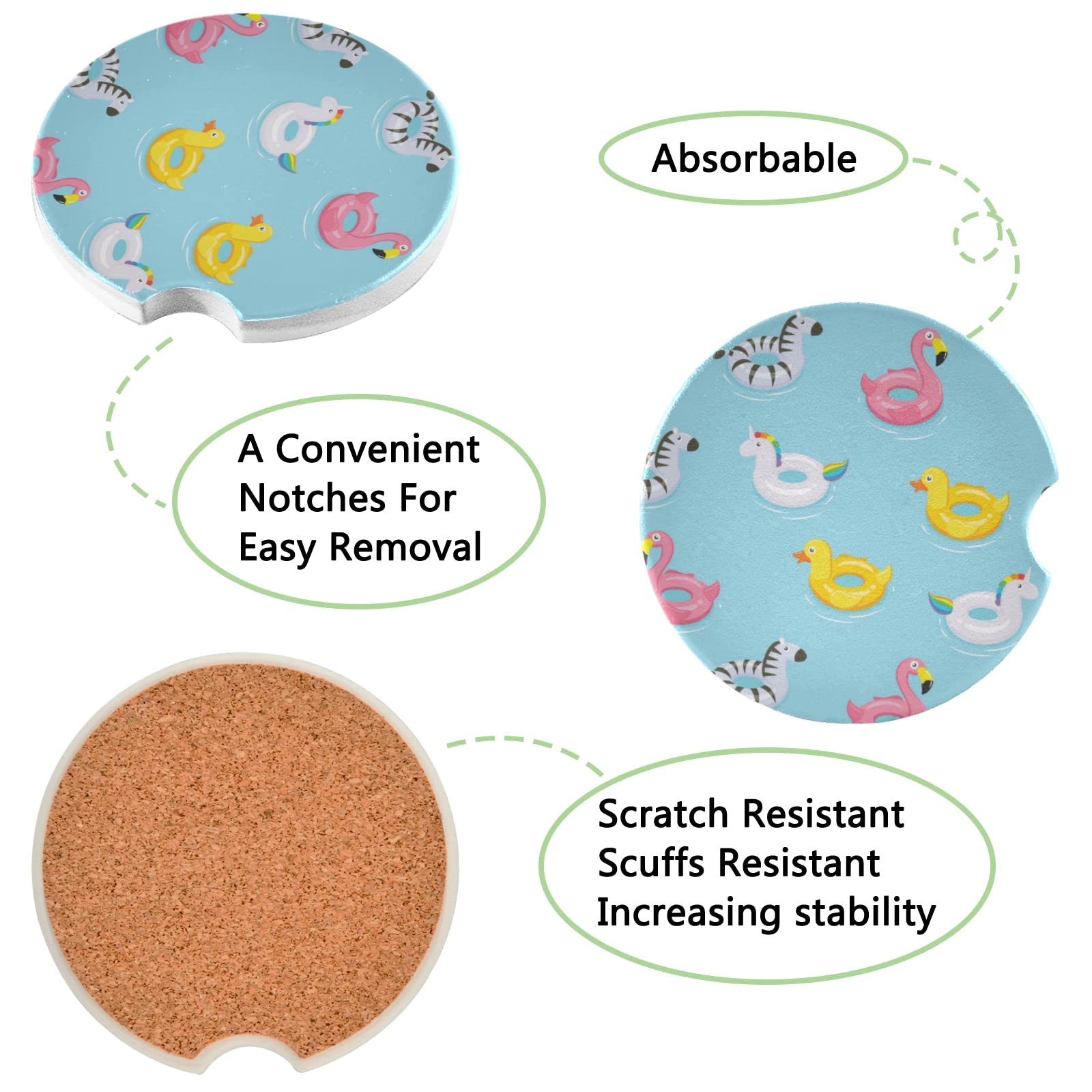 2-Pack Inflatable Rubber Duck Car Coasters with Cork Back & Finger Slot - Absorbent Cup Mats for Flamingo, Unicorn, Zebra Designs - Easy Removal Mug Holder Protects Car Seats - Perfect for Road Trips, Commuting & Daily Drives