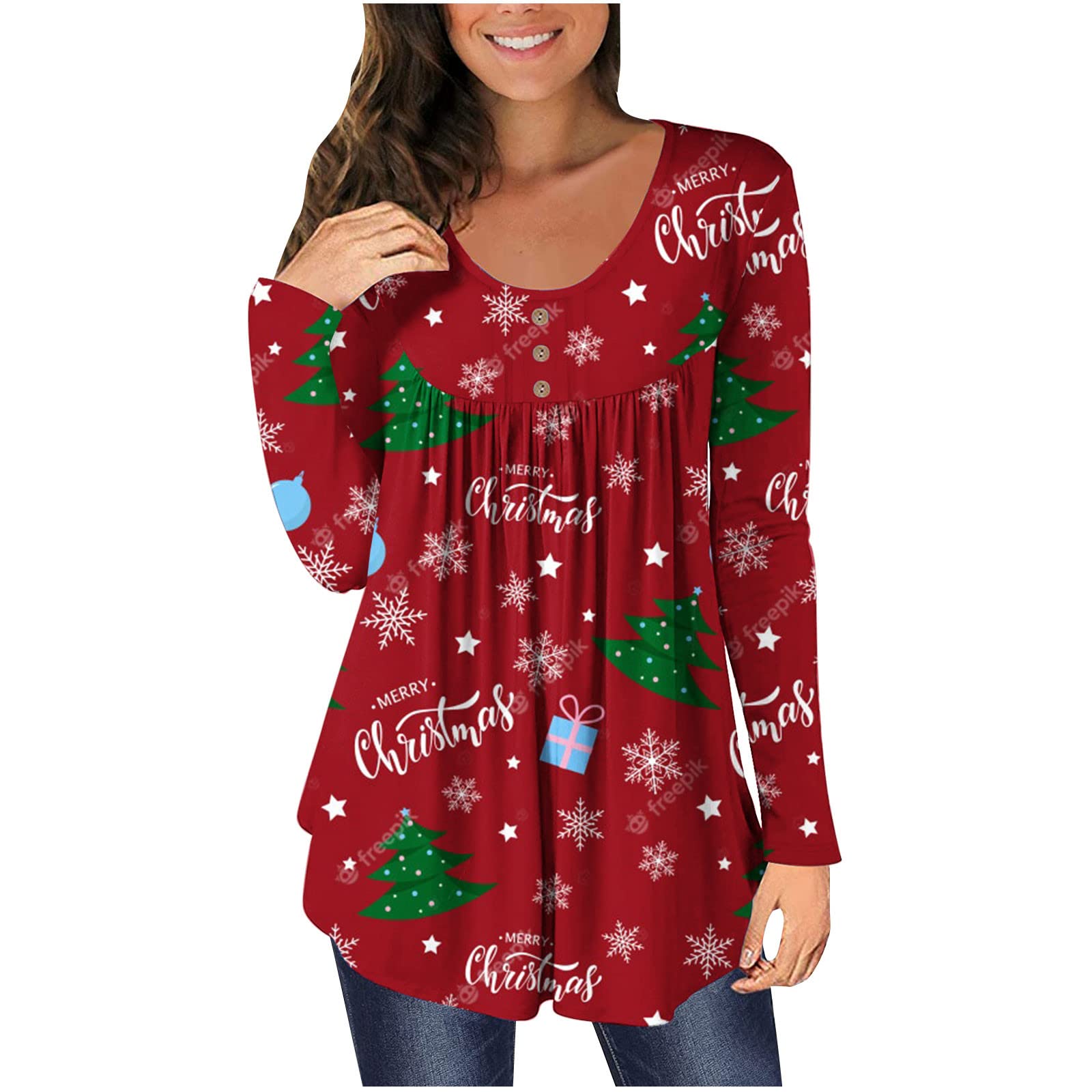Trendy Women's Christmas Long Sleeve Shirts - Cute Reindeer Print Crewneck Sweatshirt Tunic Tops for Holiday Outfits | Perfect with Leggings for Casual Wear, Office Parties & Festive Gatherings