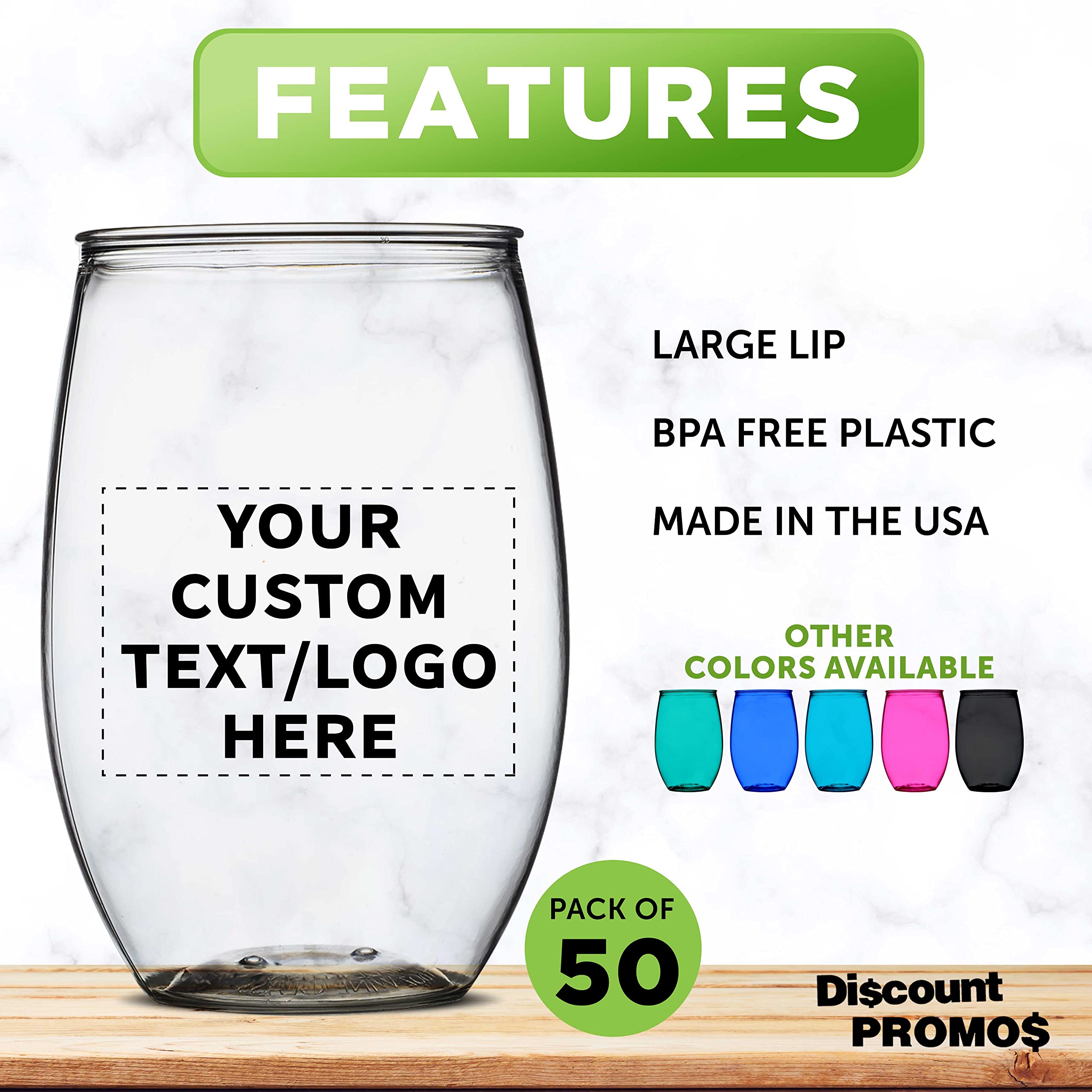 Custom Plastic Stemless Wine Glasses 16 oz (Set of 50) - BPA-Free Bulk Pack for Outdoor Lounges, Poolside Parties & Events - Clear Unbreakable Cups for Weddings, BBQs, Picnics & Beach Gatherings