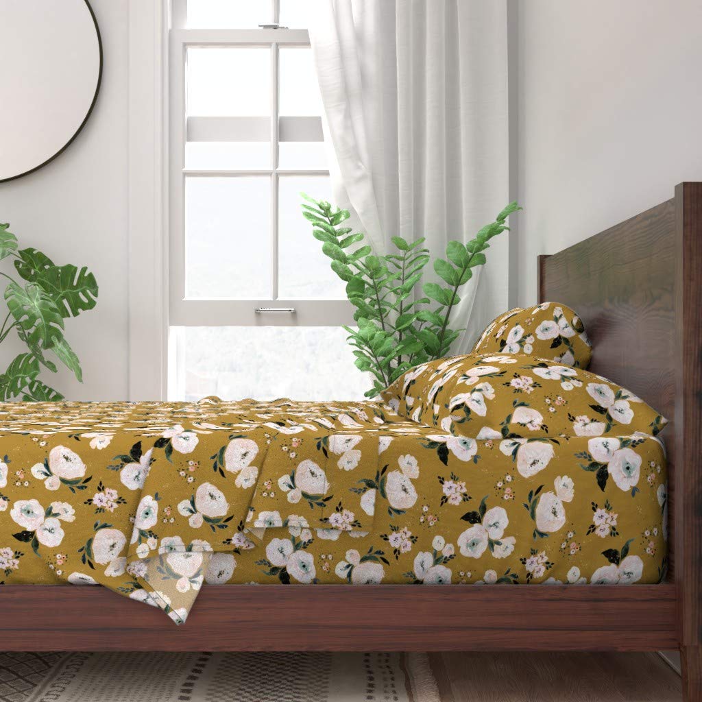 Premium 100% Cotton Twin Sheet Set (3-Piece) - Vintage Floral Gold Dots Autumn Peony Mustard Print Custom Bedding | Soft Breathable Bed Sheets for Fall Season Home Decor