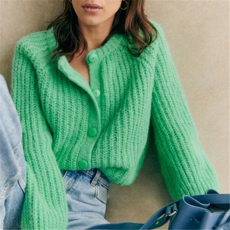 Gaono Women's Chunky Knit Cardigan - Y2K Long Lantern Sleeve Crewneck Button Up Open Front Cable Knit Crop Sweater Jacket for Fall Winter Fashion, Casual Outfits & Cozy Loungewear
