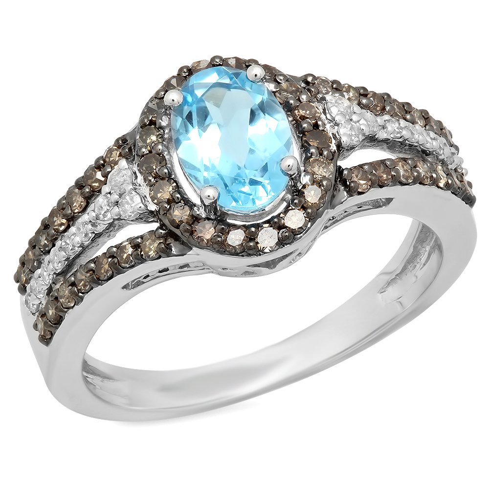 14K Solid White Gold Blue Topaz, Champagne & White Diamond Halo Engagement Ring for Women – Elegant Bridal Jewelry for Proposals, Anniversaries & Special Occasions
