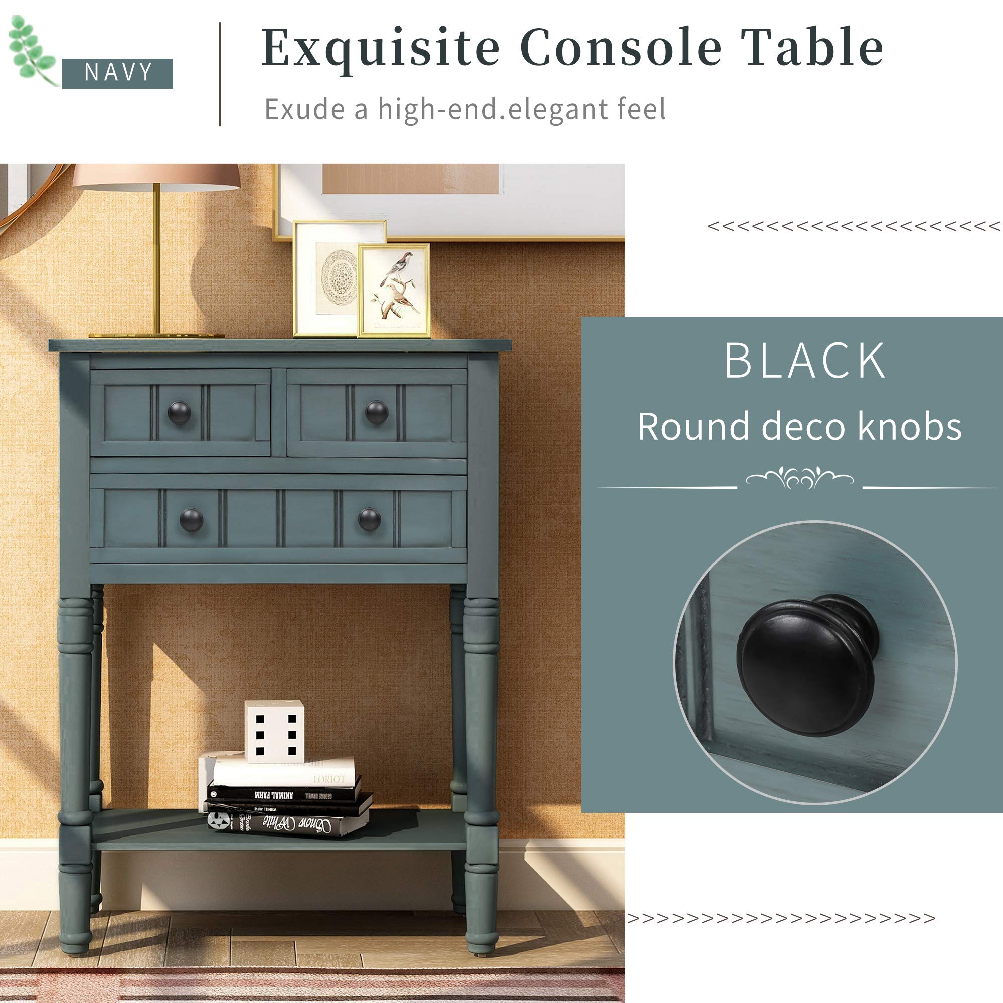 Merax Navy Classic Wood Console Table - Entryway Hallway Sideboard with Storage Drawers & Bottom Shelf - Perfect for Living Room, Bedroom, or Office Decor