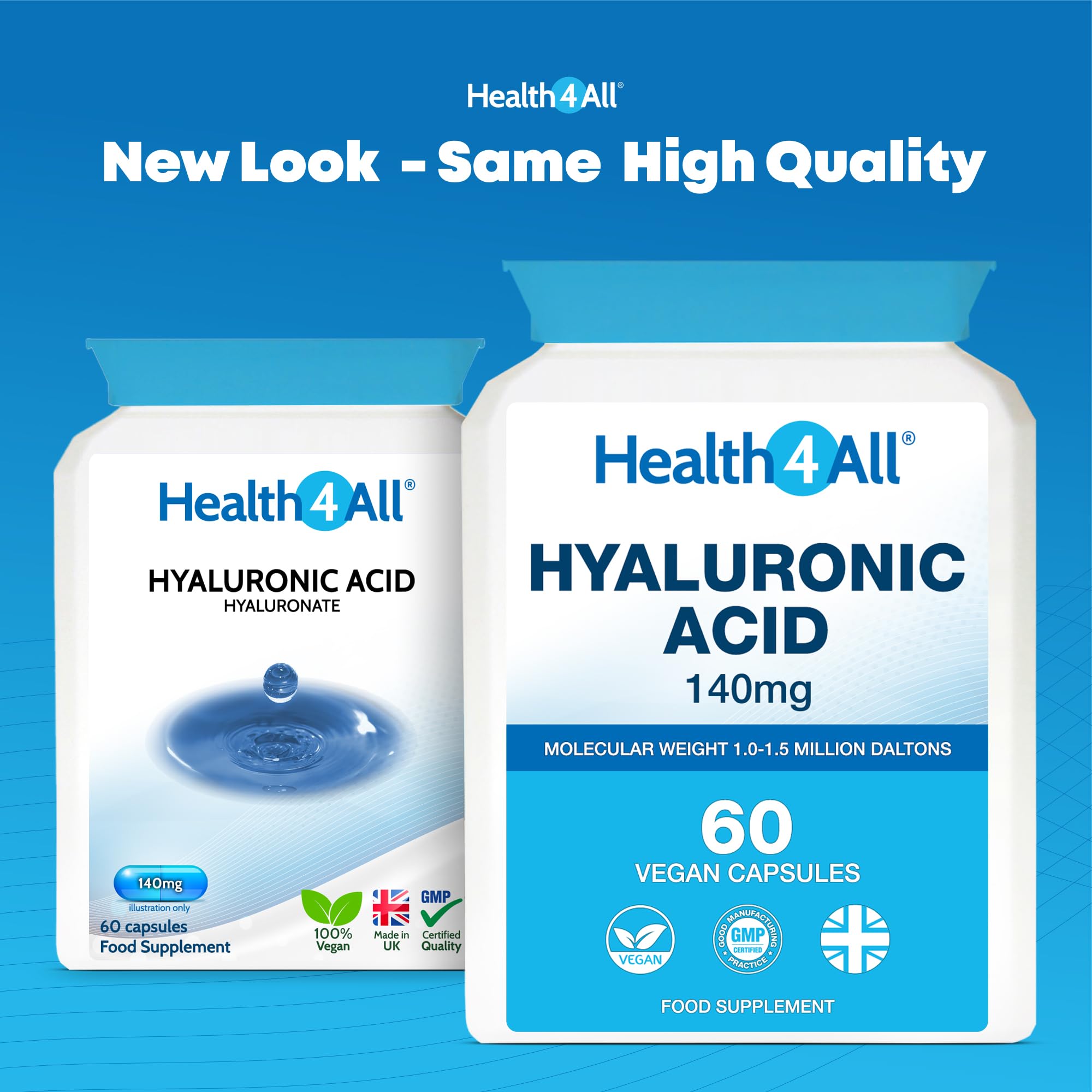 Health4All Hyaluronic Acid 140mg 60 Capsules - High Molecular Weight 1.0-1.5 Million Daltons for Skin Hydration, Hair Growth & Joint Support | Vegan Supplement for Anti-Aging & Beauty Care | Perfect for Daily Wellness Routine & Active Lifestyle