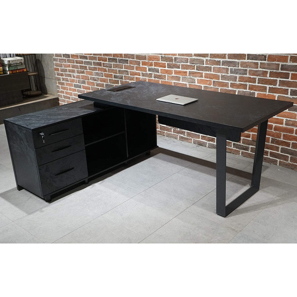 ADRIANO Black Executive Office Desk - Reversible 165-180cm, Black Concrete Finish - Perfect for Home Office, Conference Room & Modern Workspace