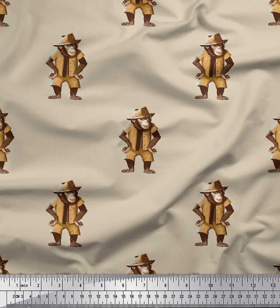 Soimoi 52 Inch Wide Polyester Crepe Beige Fabric by The Yard - Hat & Monkey Animal Print Fabric for DIY Crafts, Sewing Projects, Quilting, and Home Decor - Playful Whimsical Design with Adorable Monkeys in Hats