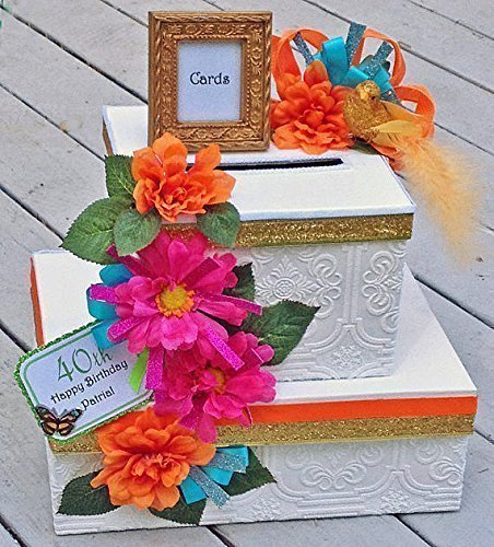 Handmade Two-Tier Wedding or Birthday Card Box with Multi-Colored Flowers in White & Metallic Gold - Perfect for Bridal Showers, Anniversaries & Special Events