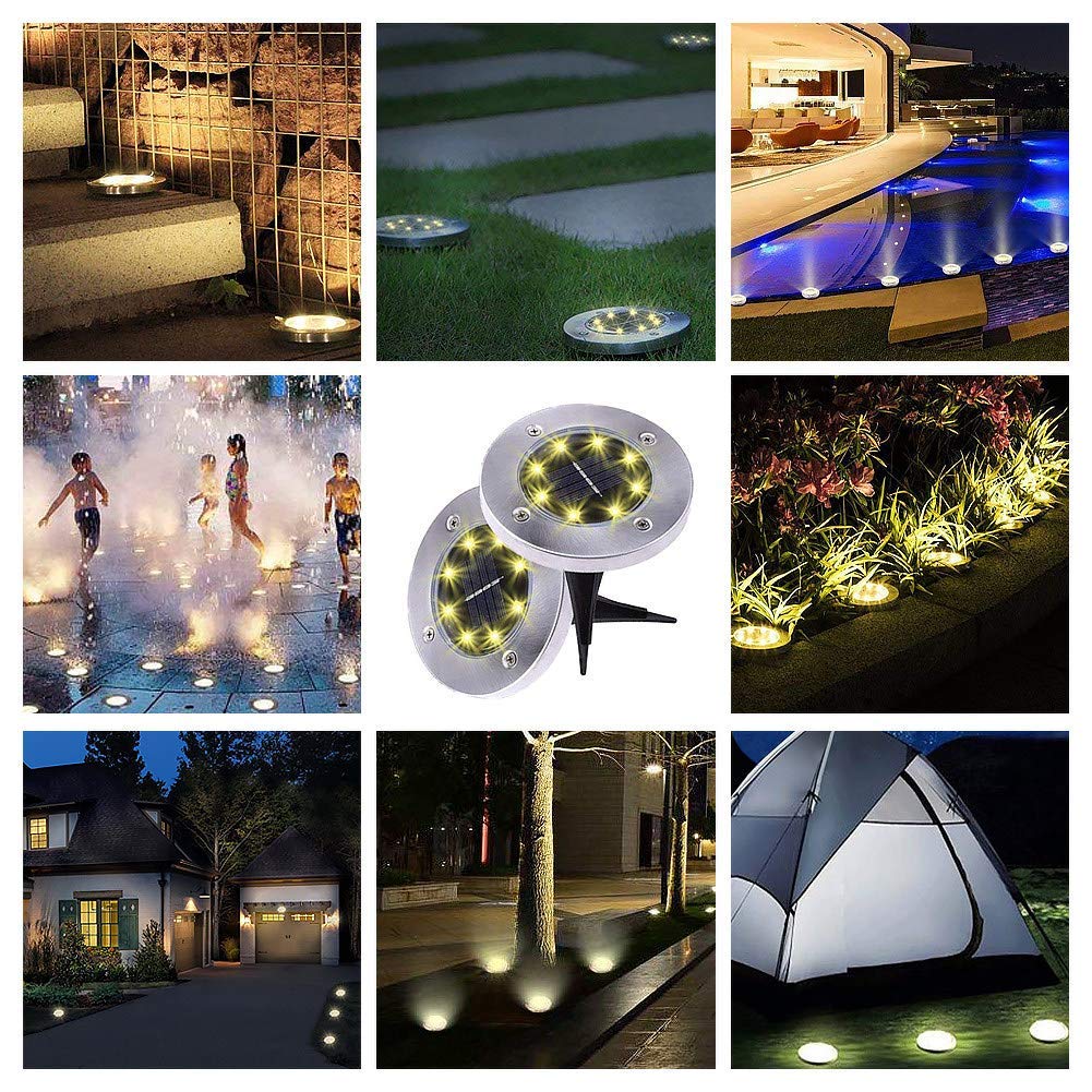 8 Pack Solar Ground Lights Outdoor Waterproof - 8 LED Solar Disk Lights for Garden, Pathway, Lawn, Yard, Deck, Patio & Walkway - Warm White Lighting for Nighttime Safety & Ambience