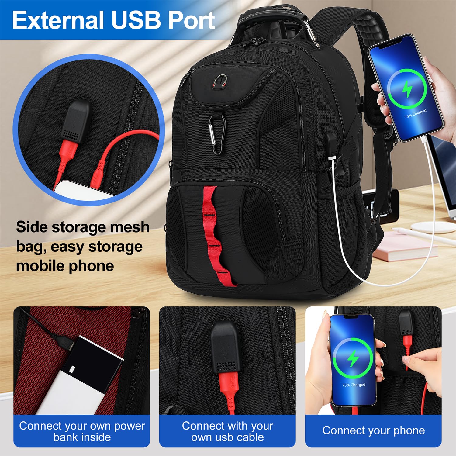 INSAVANT 15.6 Inch Water Resistant Anti-Theft Laptop Backpack with USB Charging Port - Durable College Travel Daypack for Men & Women - Perfect for Work, School, Commuting & Business Trips (15.6 Inch, 703 Black)