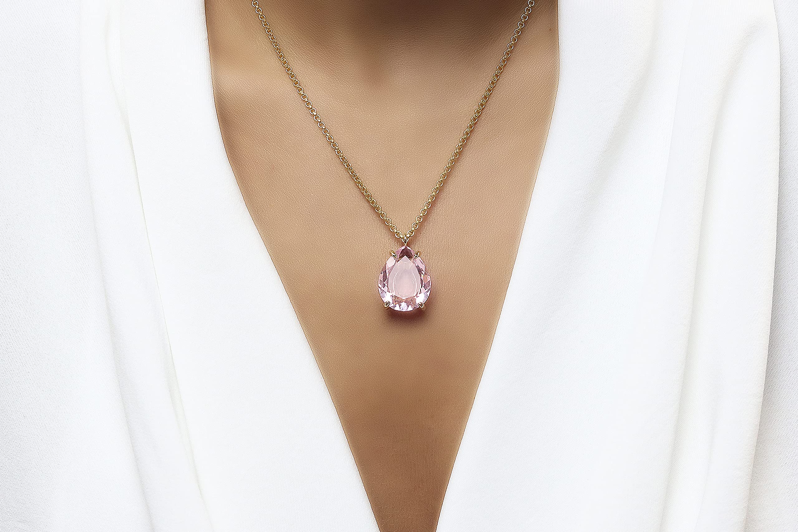 Anemone Statement Pear Rose Quartz Necklace - 14k Gold Pink Gem Pendant for Women | Fashion, Birthstone & Statement Jewelry Gift with Fancy Box | Perfect for Weddings, Anniversaries & Special Occasions