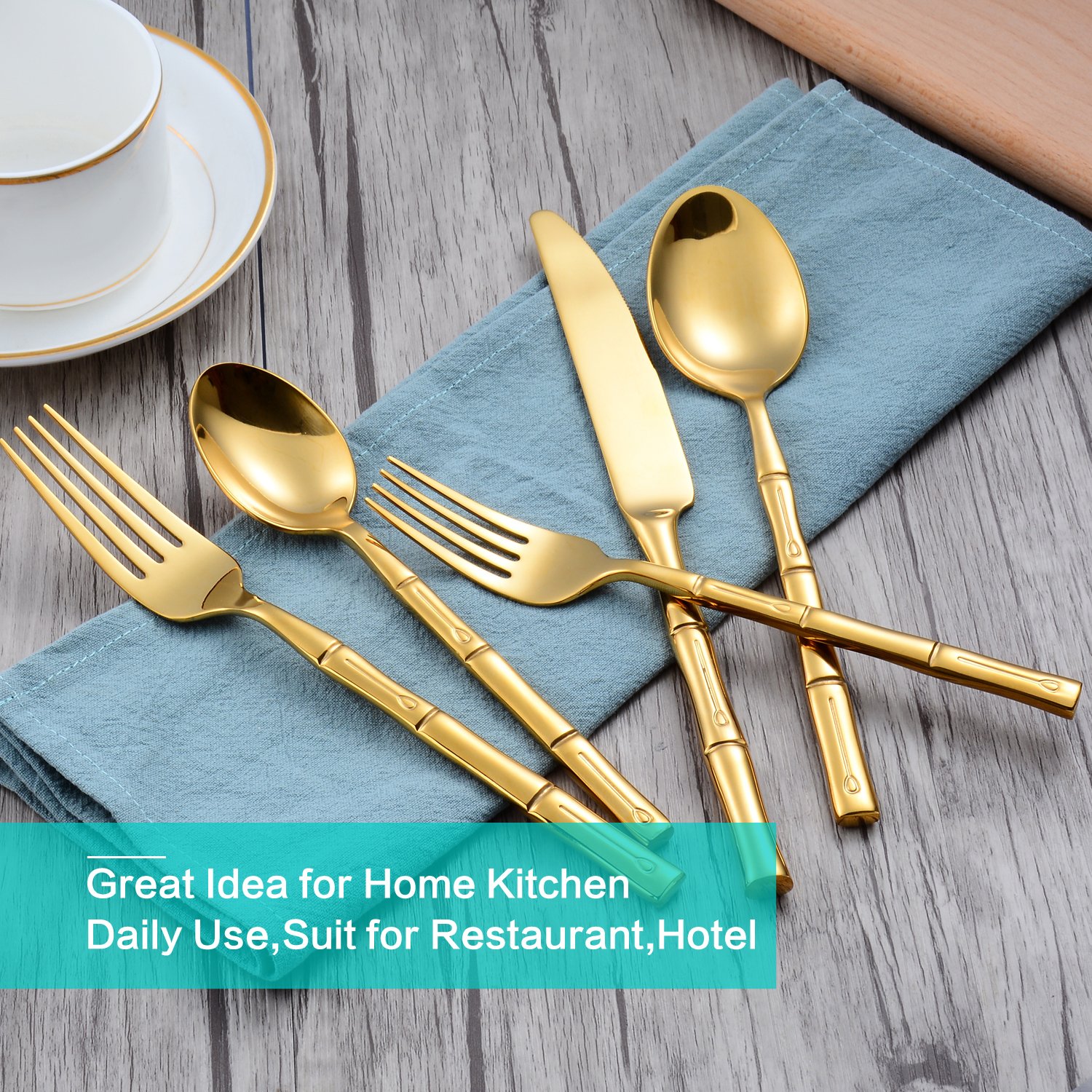 Premium 40-Piece Gold & Silver Flatware Set - Stainless Steel with Bamboo Handle - Mirror Polished Cutlery for 8 - Perfect for Home, Kitchen, Restaurant, Hotel, Wedding & Housewarming Gifts - Elegant Table Setting for Dinner Parties & Special Occasions