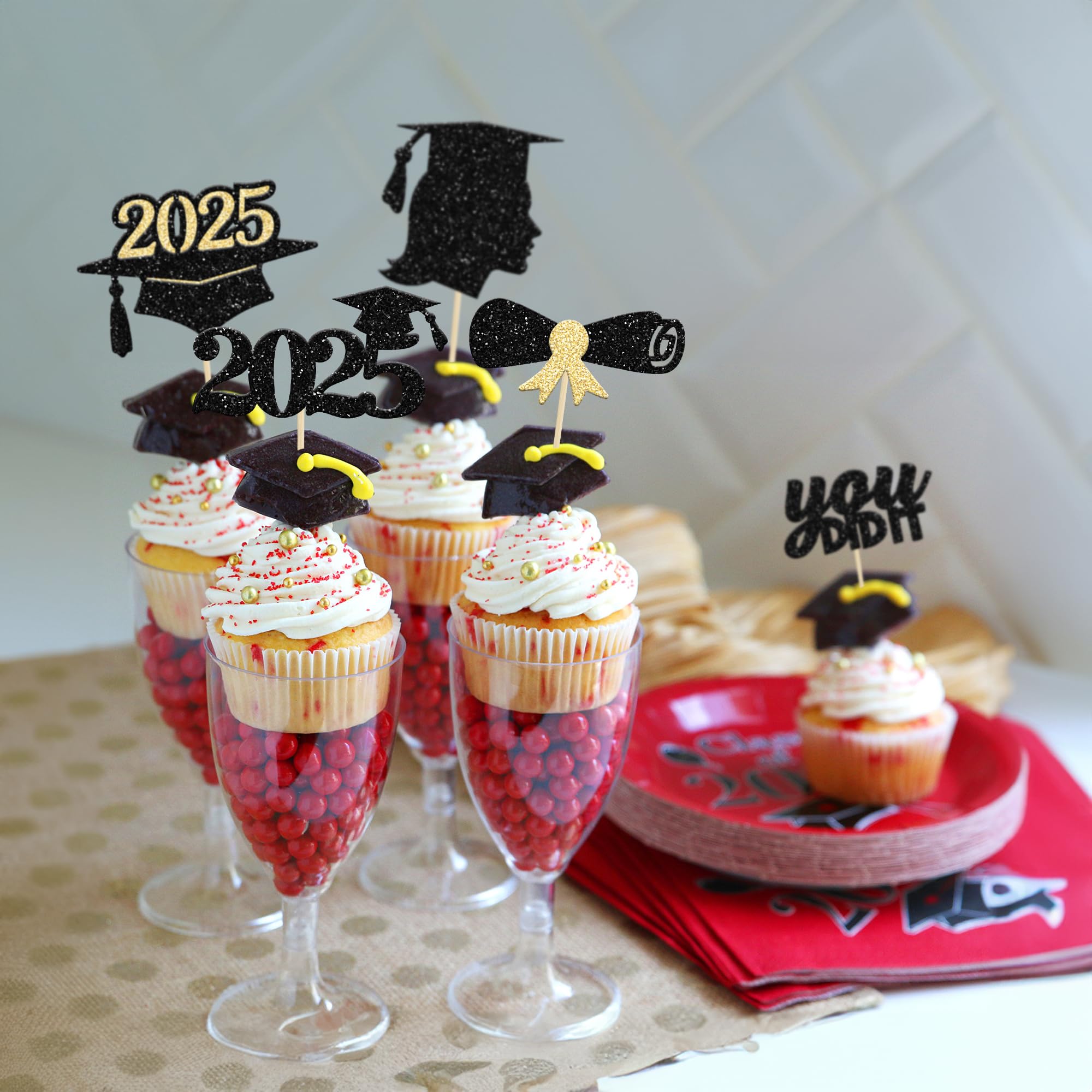 30Pcs Gold Glitter Graduation Cupcake Toppers - Class of 2025 Diploma Cap Cake Decorations for Women & Girls | Perfect for 2025 Graduation Party, School Celebration & Dessert Table Decor