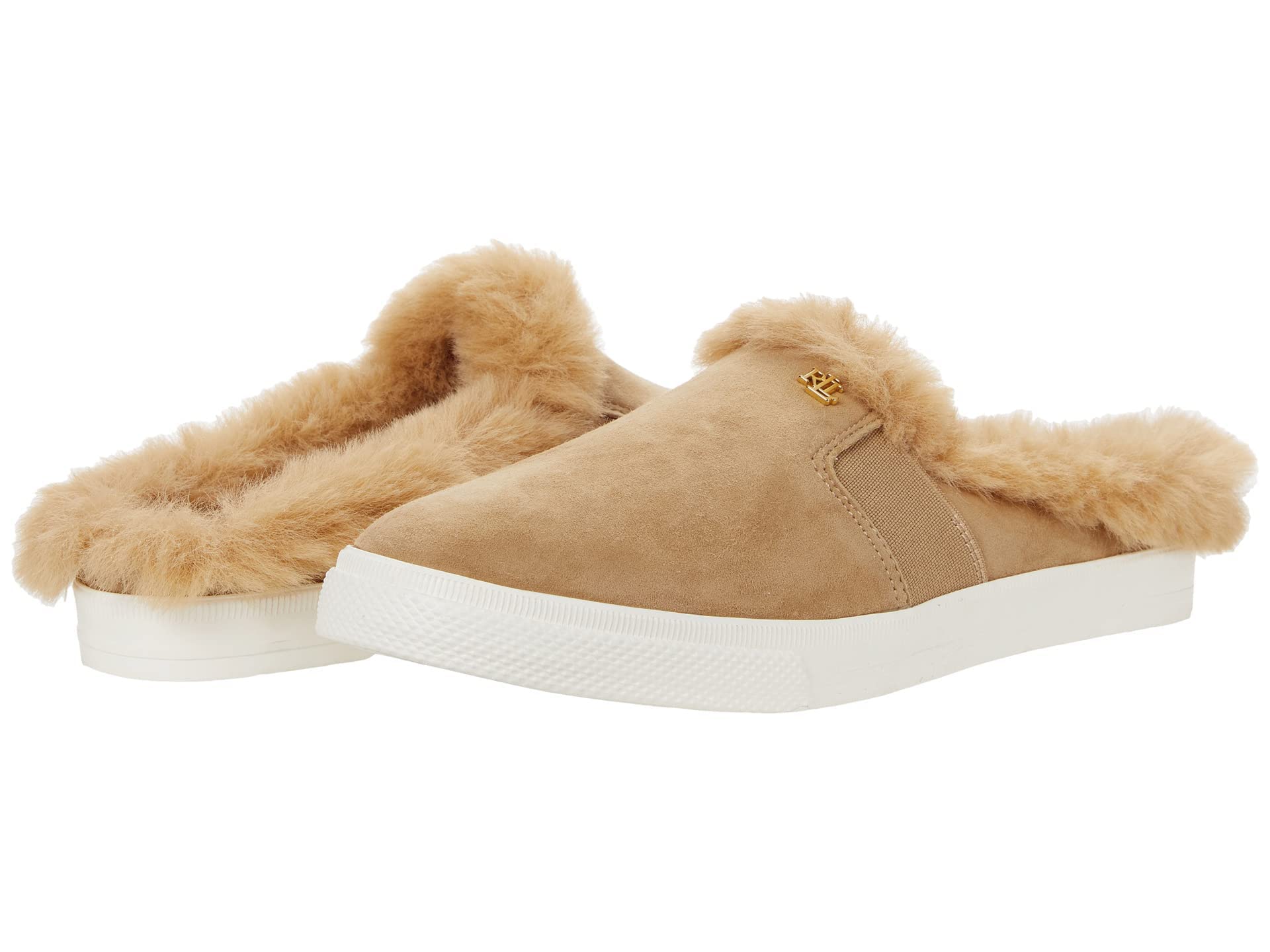Lauren Ralph Lauren Jinny Faux Fur-Trim Mule Slippers - Light Camel/Light Camel - Women's Size 6.5 B (M) - Cozy House Shoes for Winter & Lounge Wear