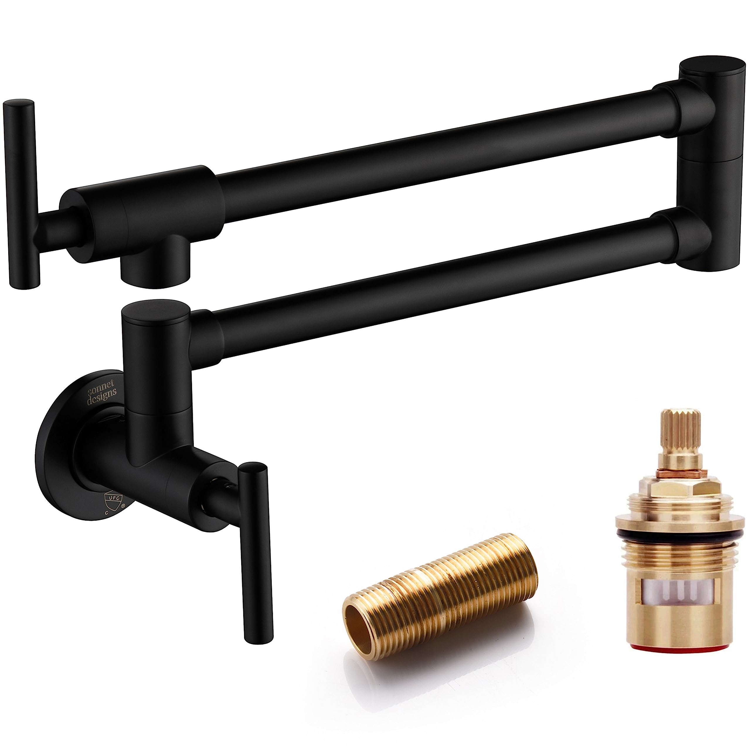 Wall Mount Pot Filler Faucet - Heavy Duty Solid Brass Kitchen Sink Faucet with Dual Swing Joints & Valve - Matte Black Finish by Sonnet Designs - Perfect for Filling Large Pots While Cooking