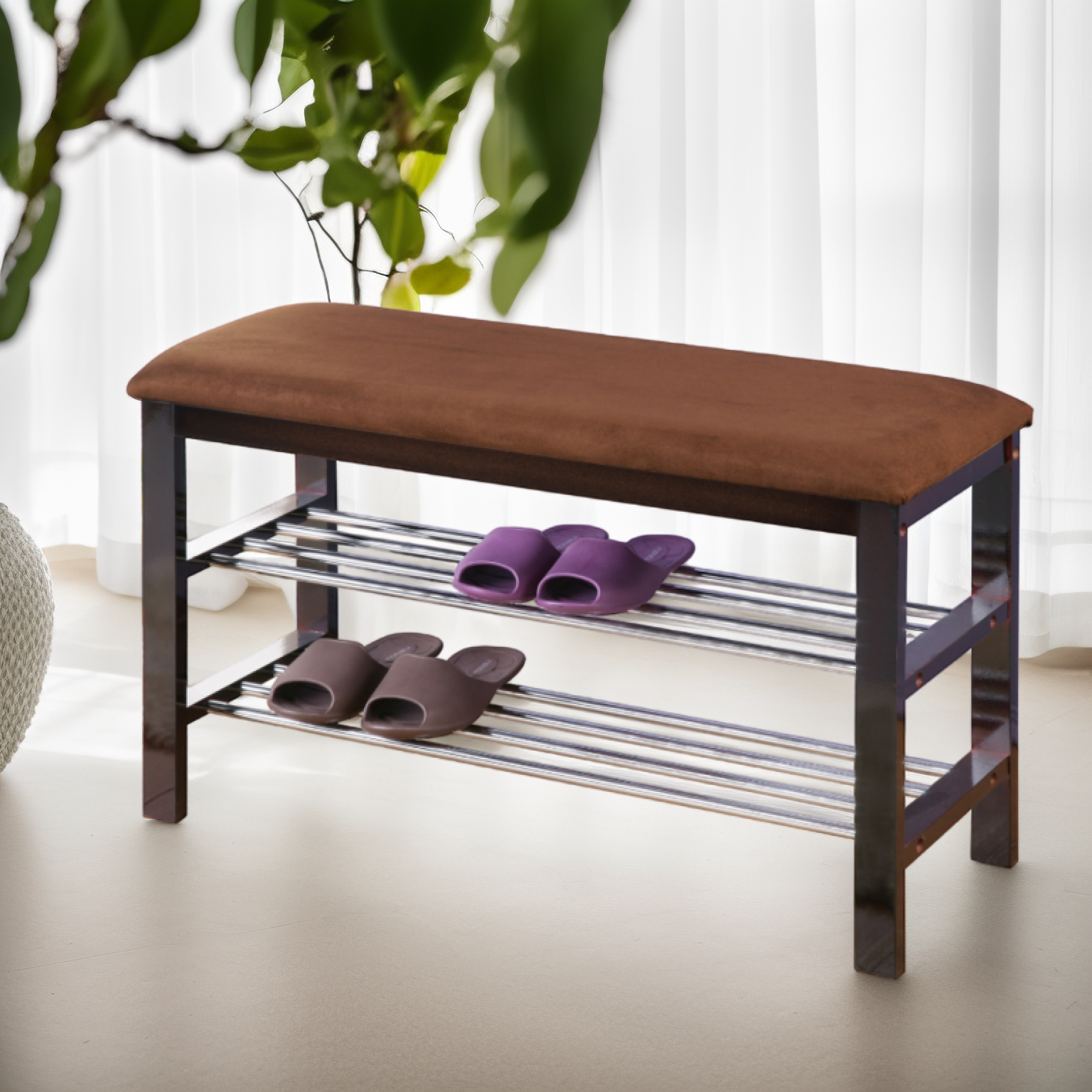 Roundhill Furniture Wood Shoe Bench with Chocolate Microfiber Seat - Black Entryway Shoe Storage Bench for Hallway, Bedroom & Mudroom Organization
