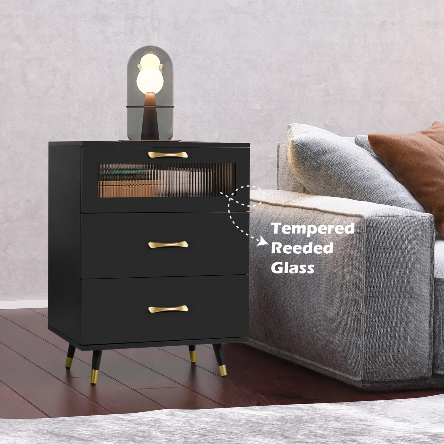 Modern Black 3-Drawer Nightstand with USB Charging Port - Bedside Cabinet Dresser for Bedroom, Living Room & Home Decor - Perfect for Storing Essentials, Charging Devices & Enhancing Bedroom Organization