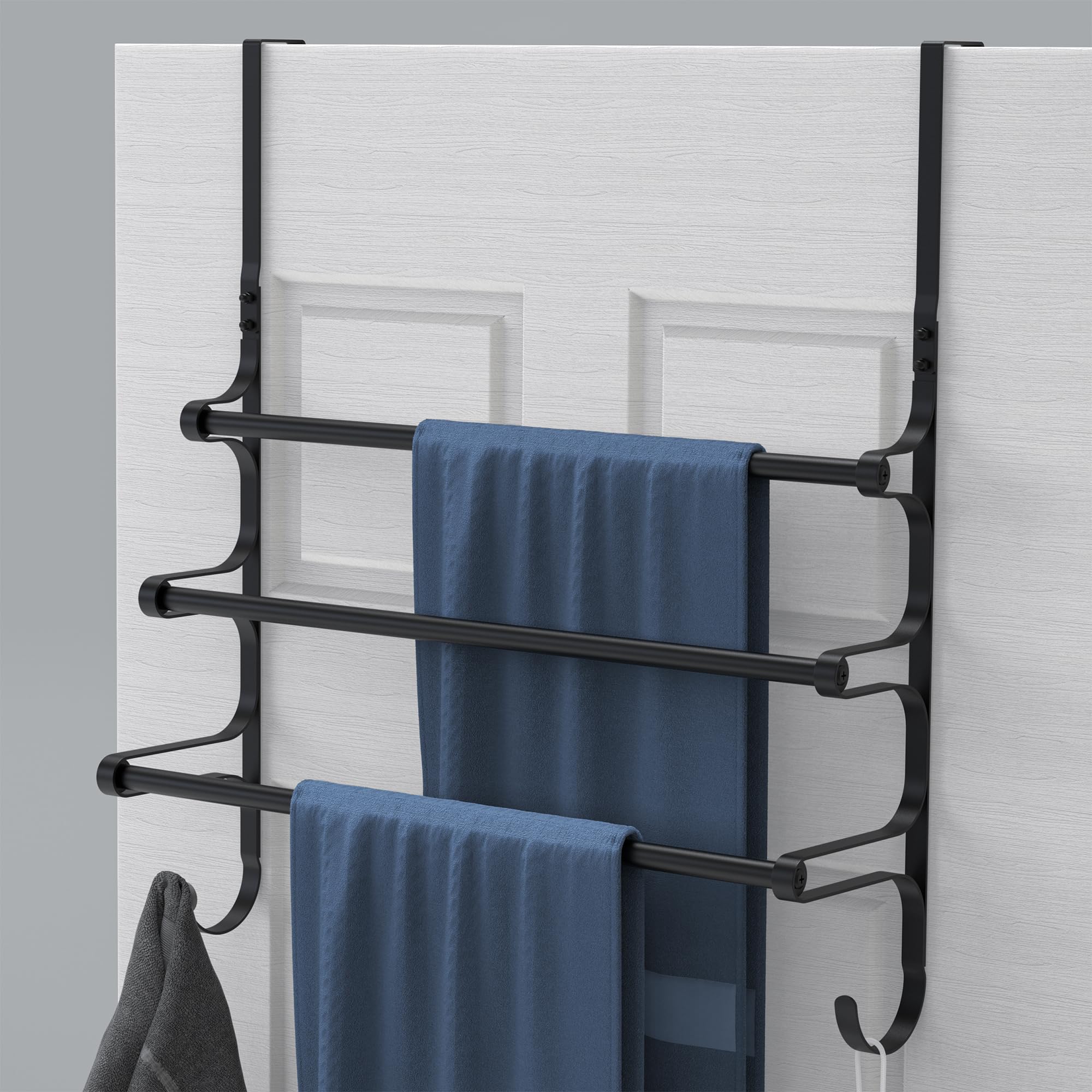 Over The Door Towel Rack - Triple Towel Storage Holder with Hooks for Bathroom, Kitchen & Laundry Room - Space Saving Matte Black Organizer (17.32